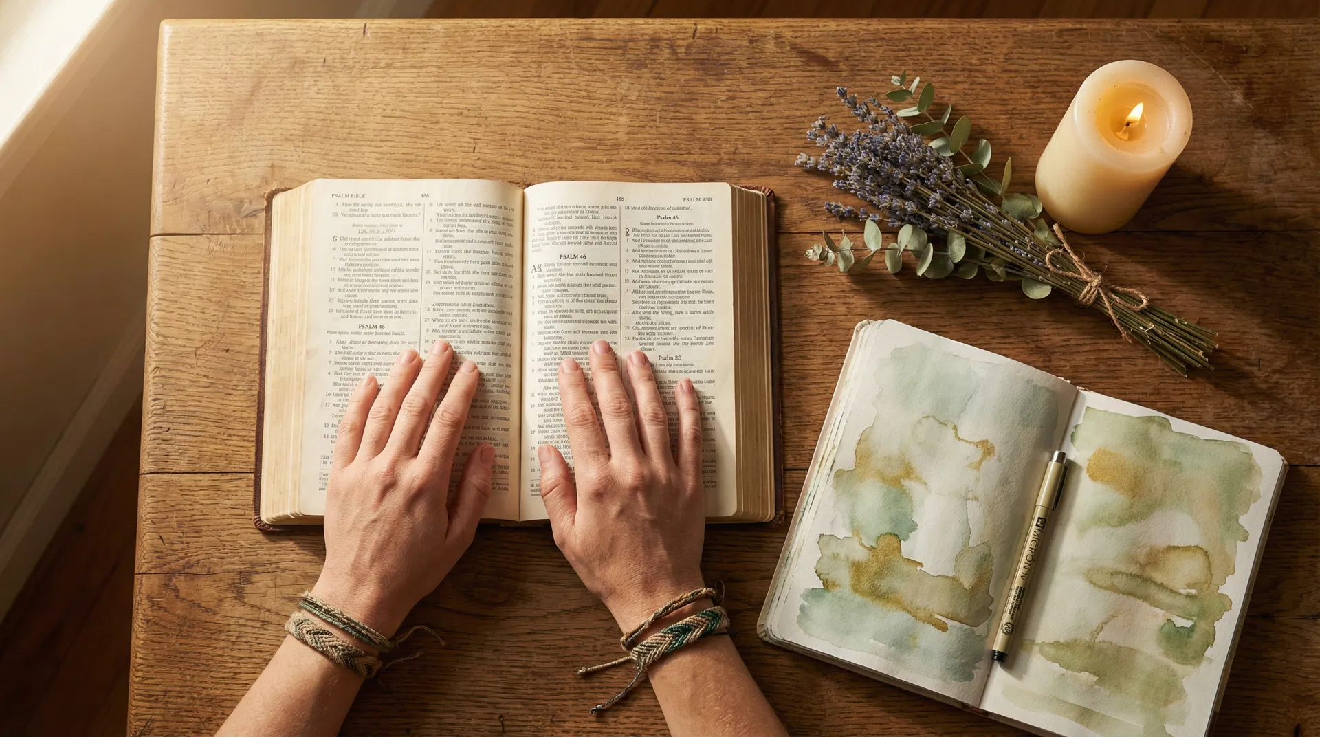 Open Bible and art journal on a wooden table