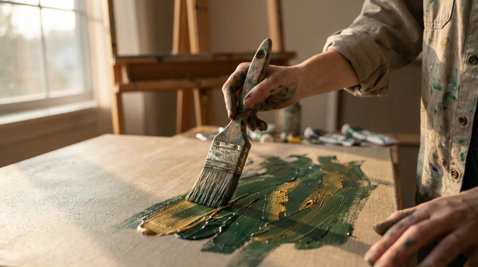 Adult creating expressive art in a sunlit studio