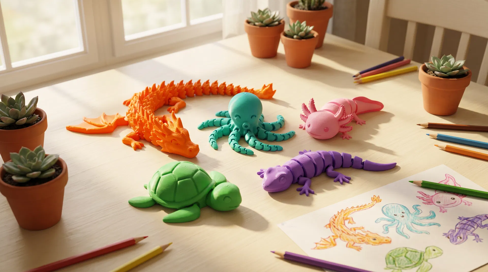 Colorful 3D printed animals on a wooden table