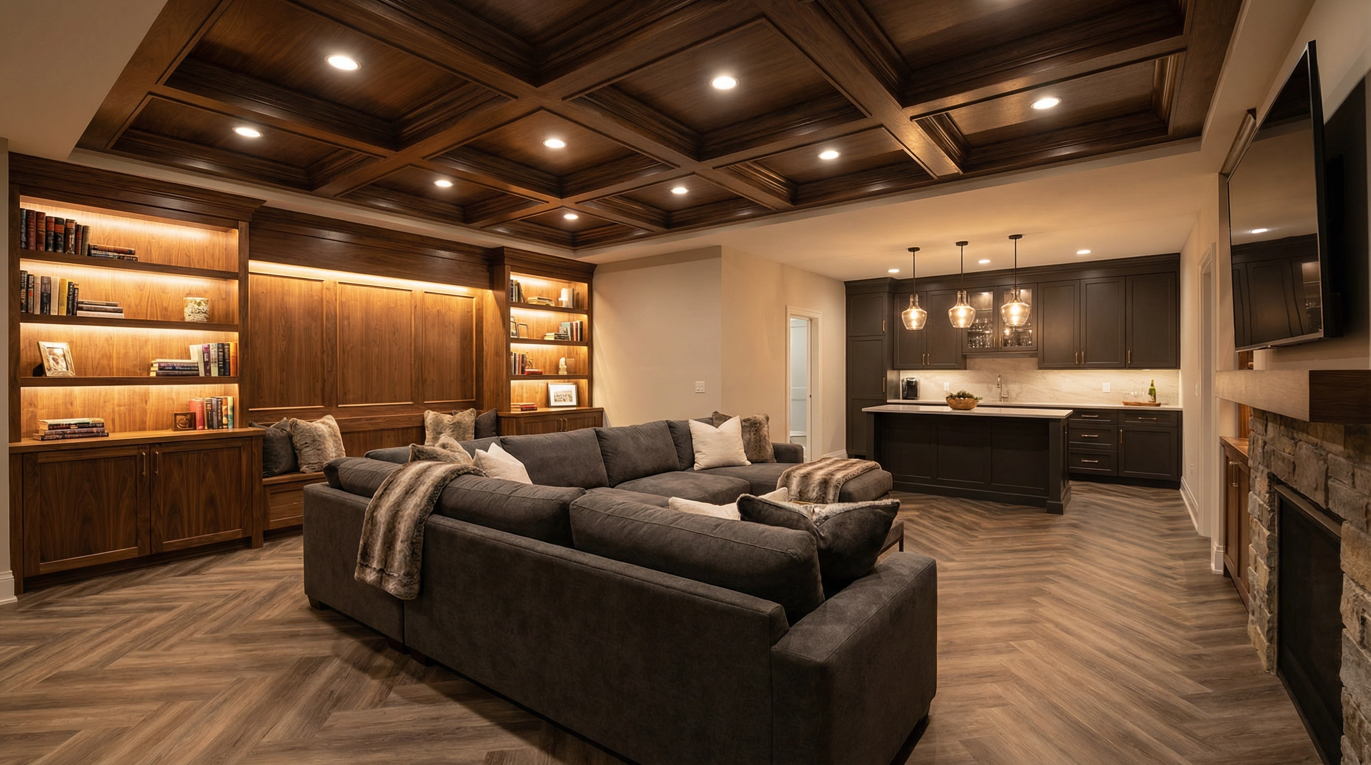 Luxury finished basement with coffered ceiling and built-in shelving by Sama's Construction Northern Virginia