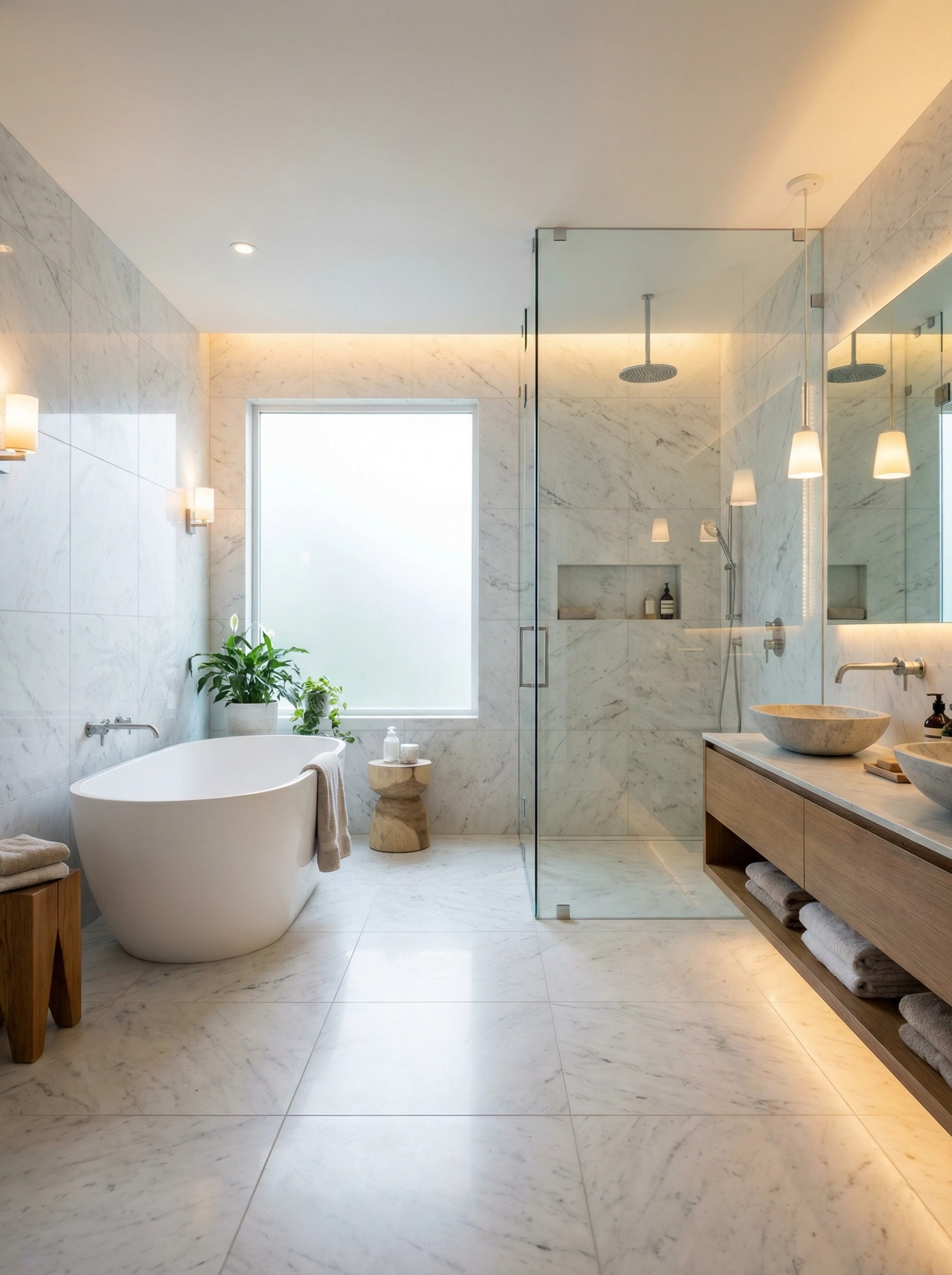 Spa-style bathroom renovation with freestanding tub and frameless glass shower by Sama's Construction