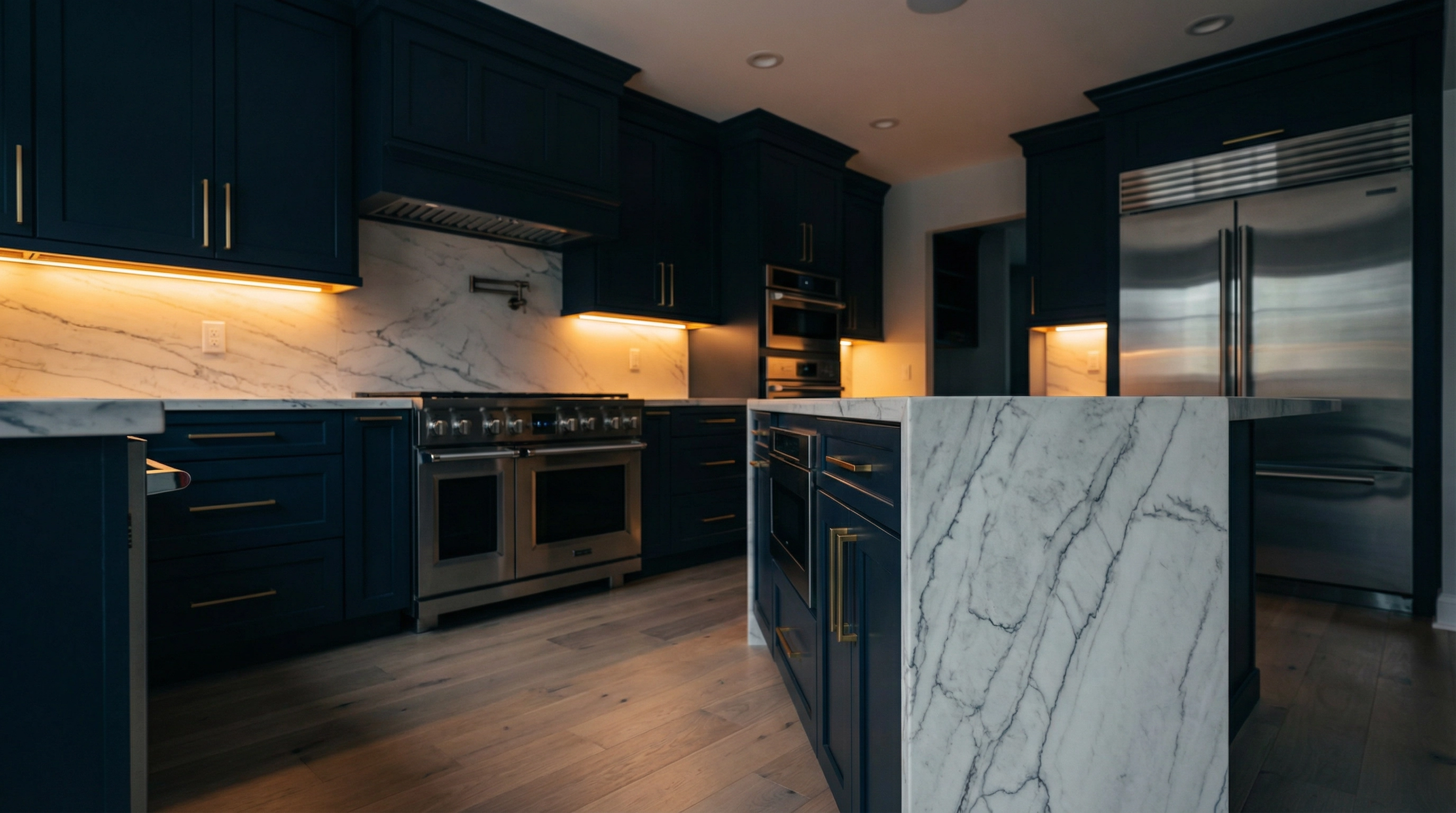 Luxury kitchen remodel with dark navy cabinets and marble island by Sama's Construction Woodbridge VA