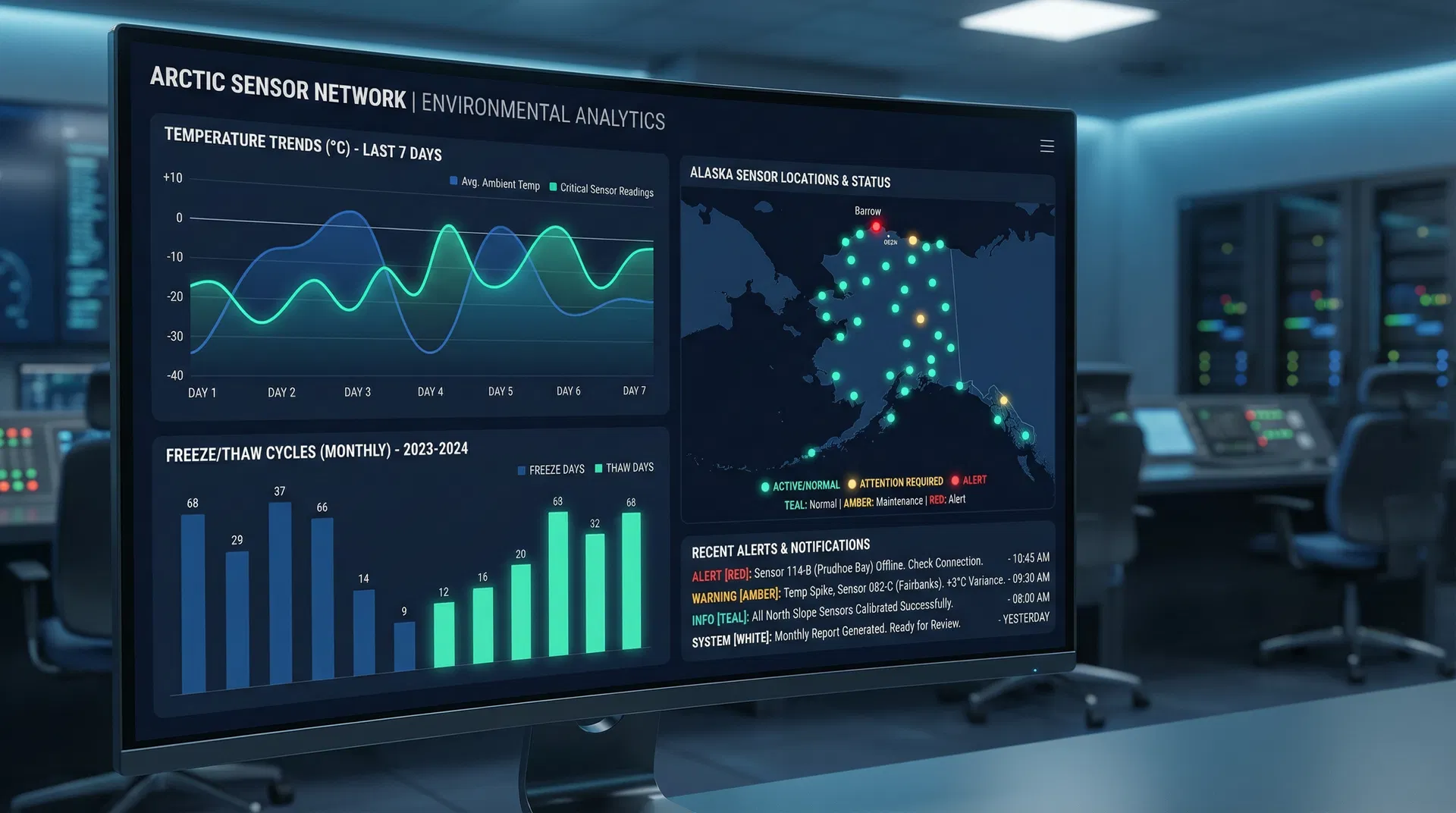 beadedcloud environmental monitoring dashboard showing temperature trends, sensor locations across Alaska, and freeze/thaw cycle data