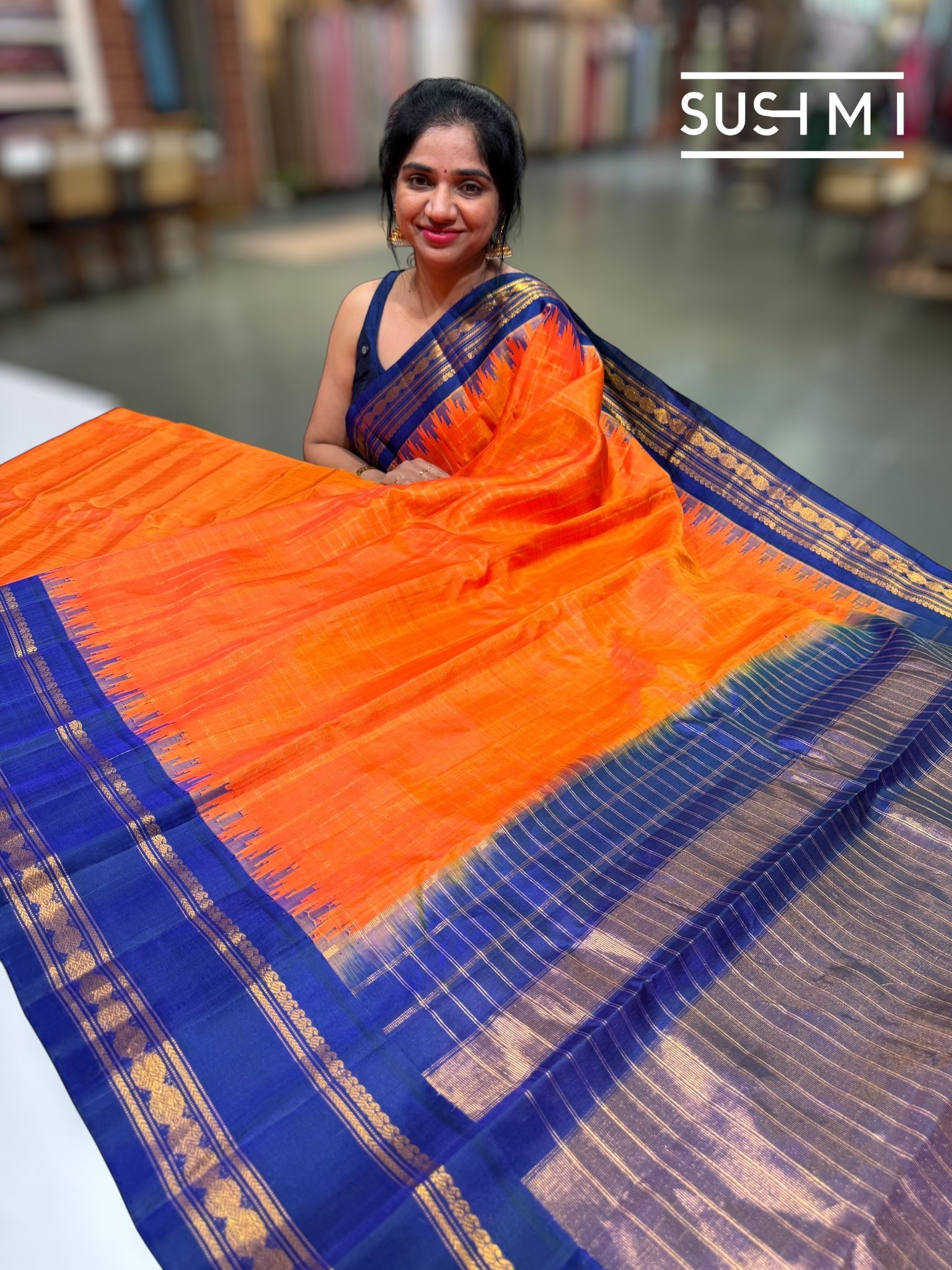 Orange & Blue Pure Handloom Gadwal Silk Saree — Image 3