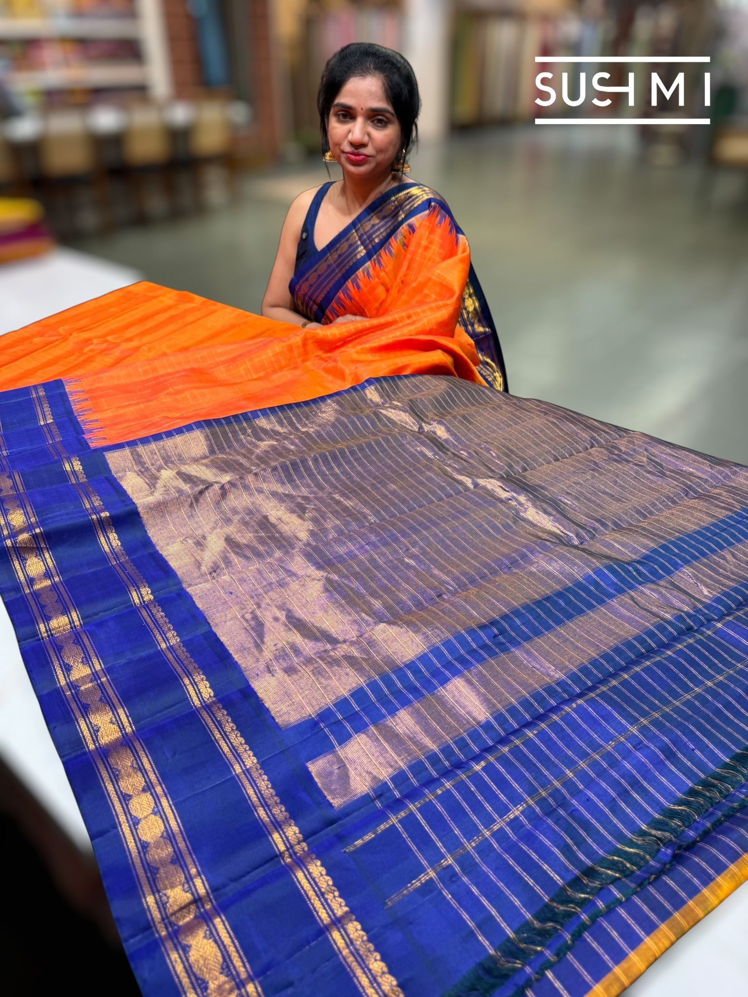 Orange & Blue Pure Handloom Gadwal Silk Saree — Image 4