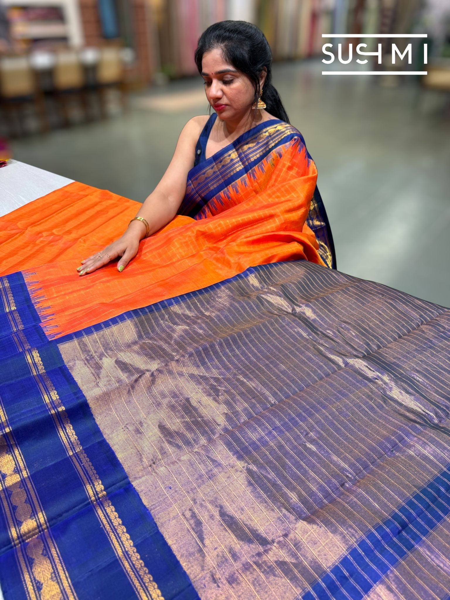 Orange & Blue Pure Handloom Gadwal Silk Saree — Image 2