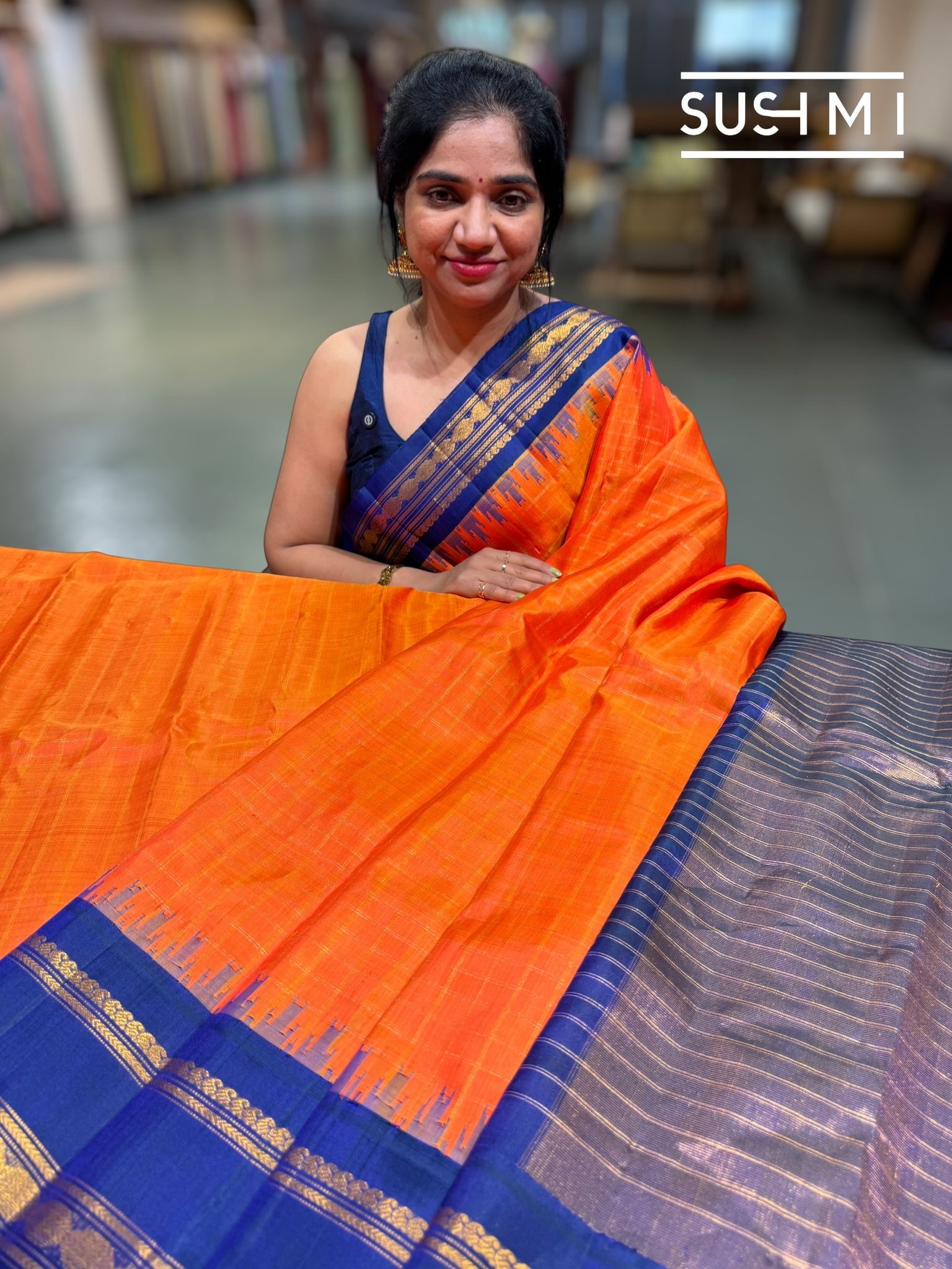 Orange & Blue Pure Handloom Gadwal Silk Saree