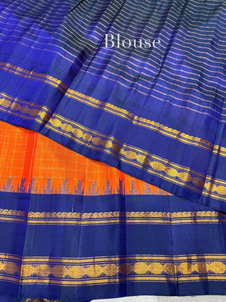 Orange & Blue Pure Handloom Gadwal Silk Saree — Image 5