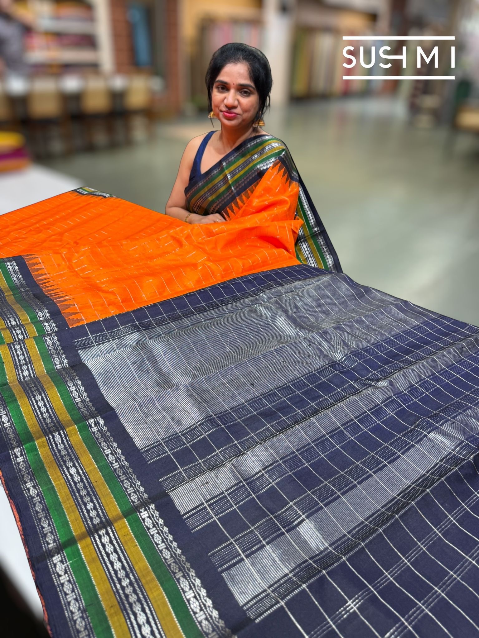 Fanta Orange & Midnight Blue Pure Handloom Gadwal Silk Saree — Image 3