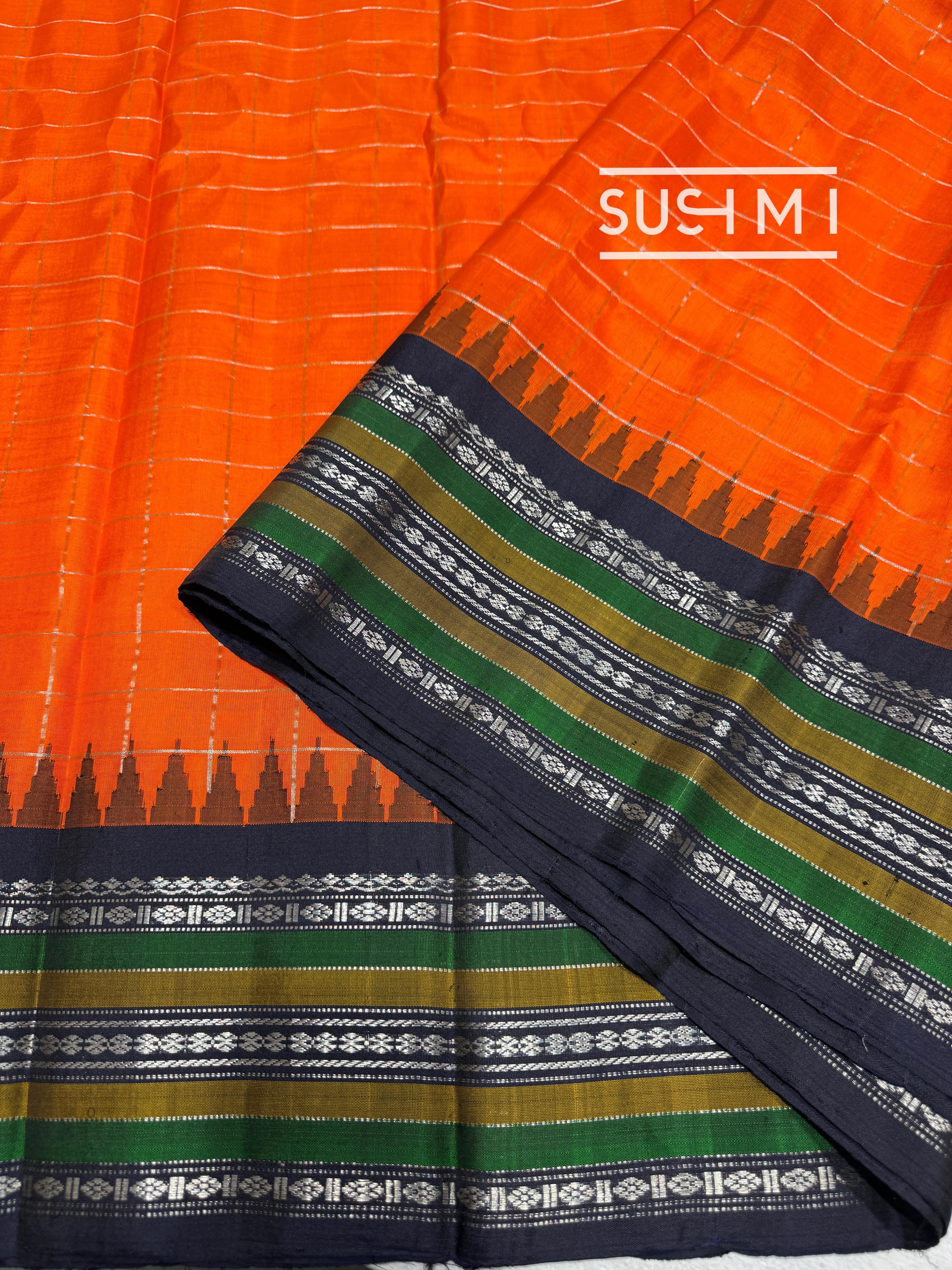Fanta Orange & Midnight Blue Pure Handloom Gadwal Silk Saree — Image 2
