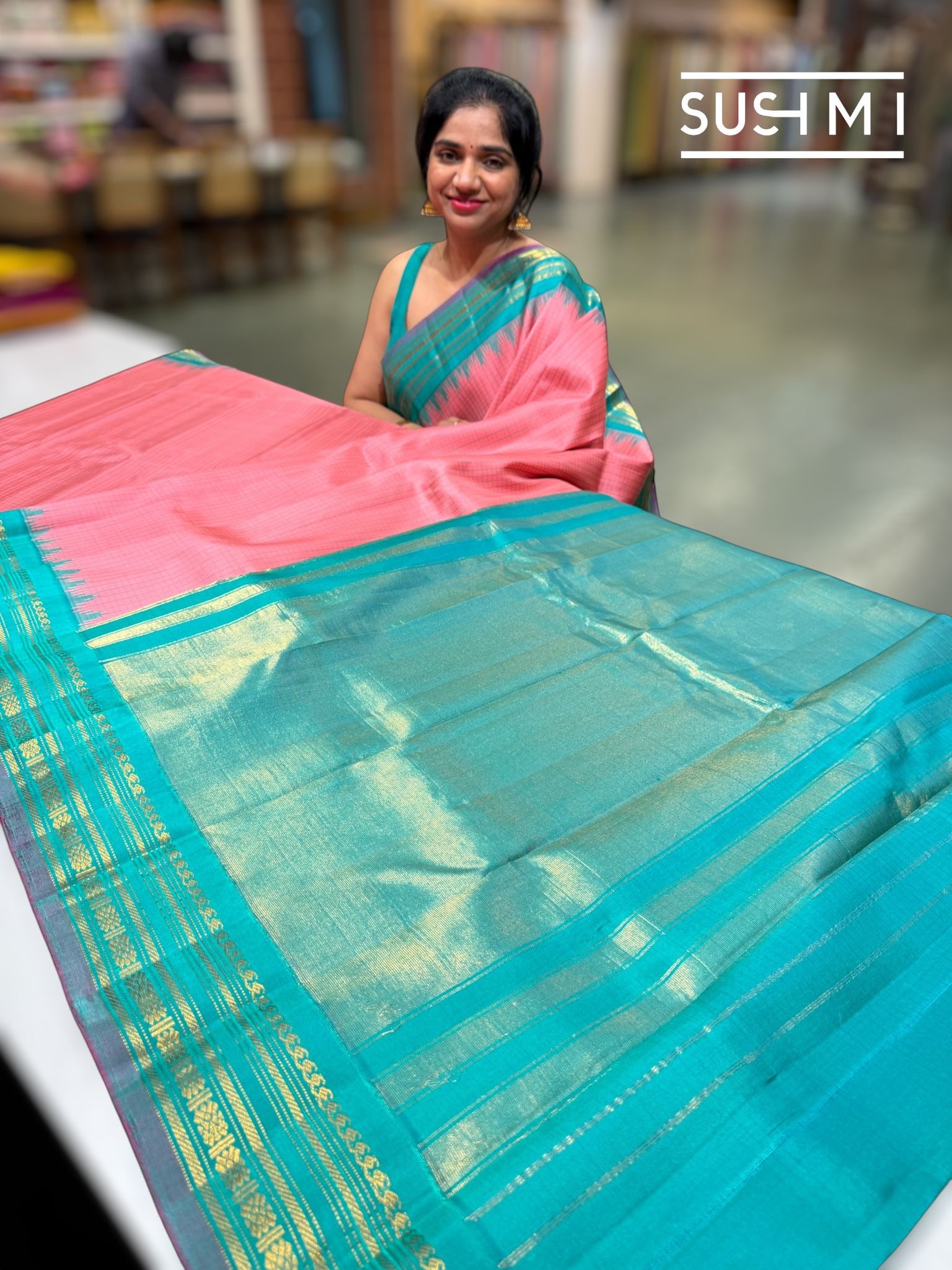 Coral Pink & Teal Pure Handloom Gadwal Silk Saree — Image 6
