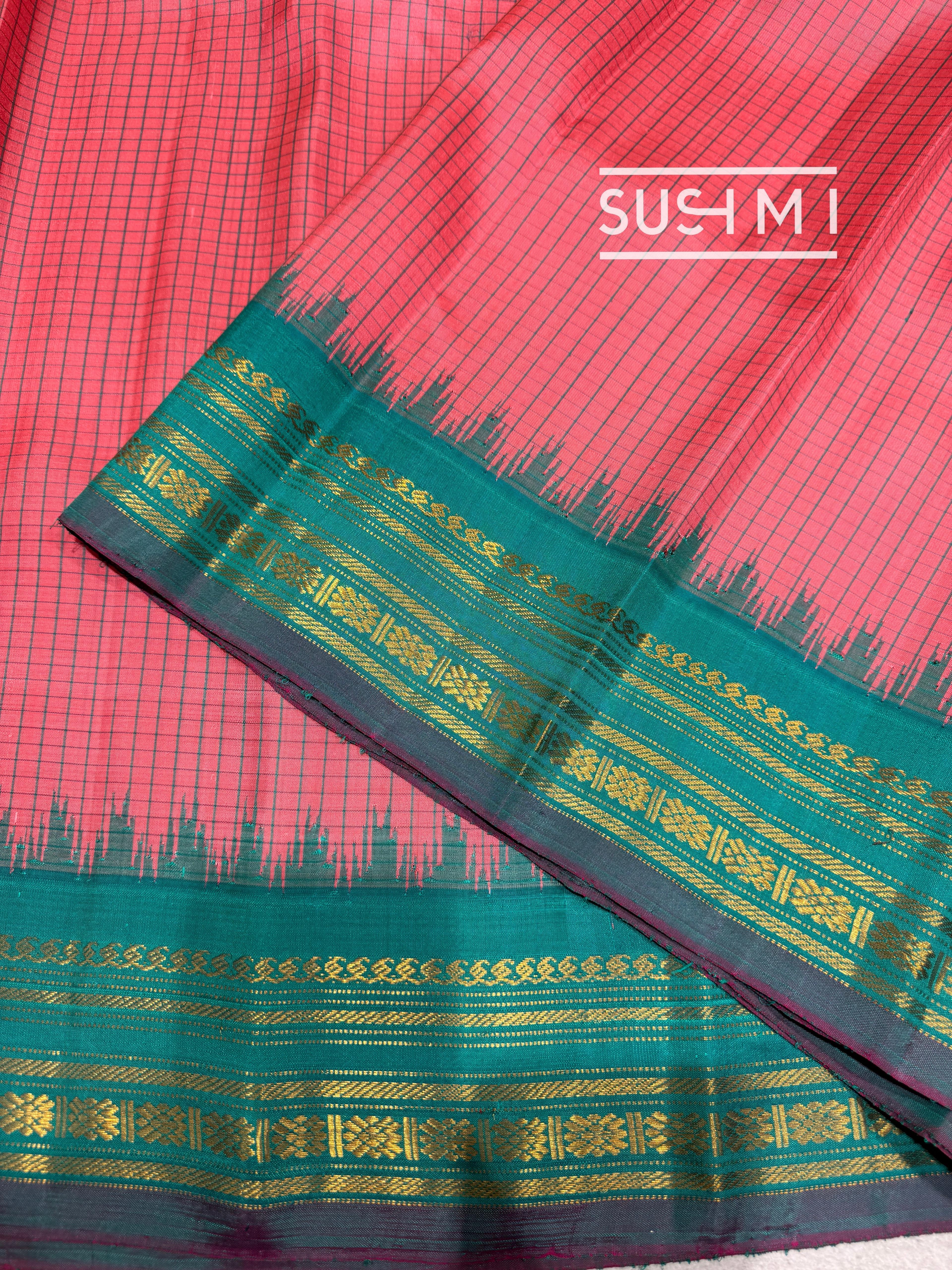 Coral Pink & Teal Pure Handloom Gadwal Silk Saree — Image 4