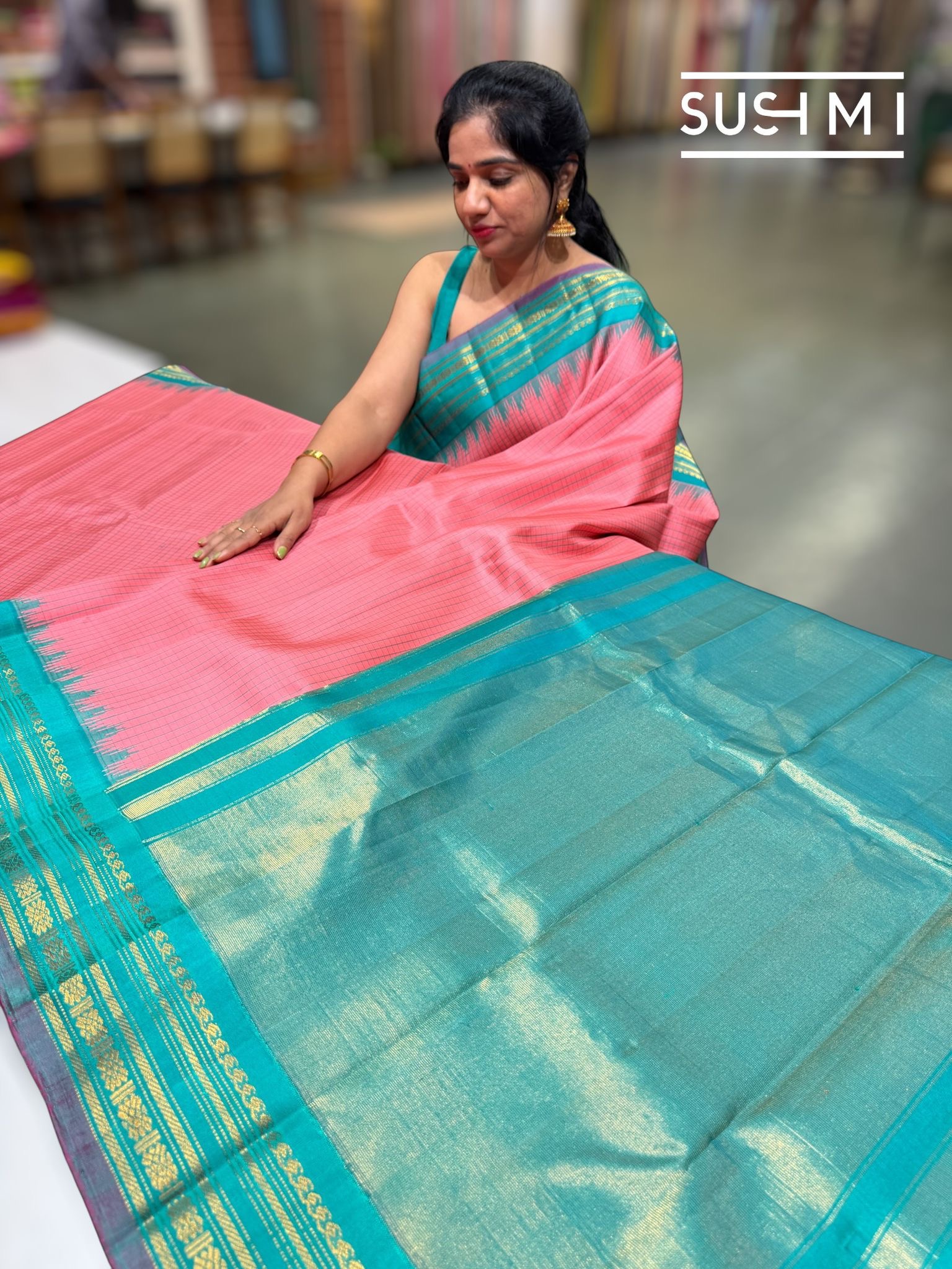 Coral Pink & Teal Pure Handloom Gadwal Silk Saree — Image 3