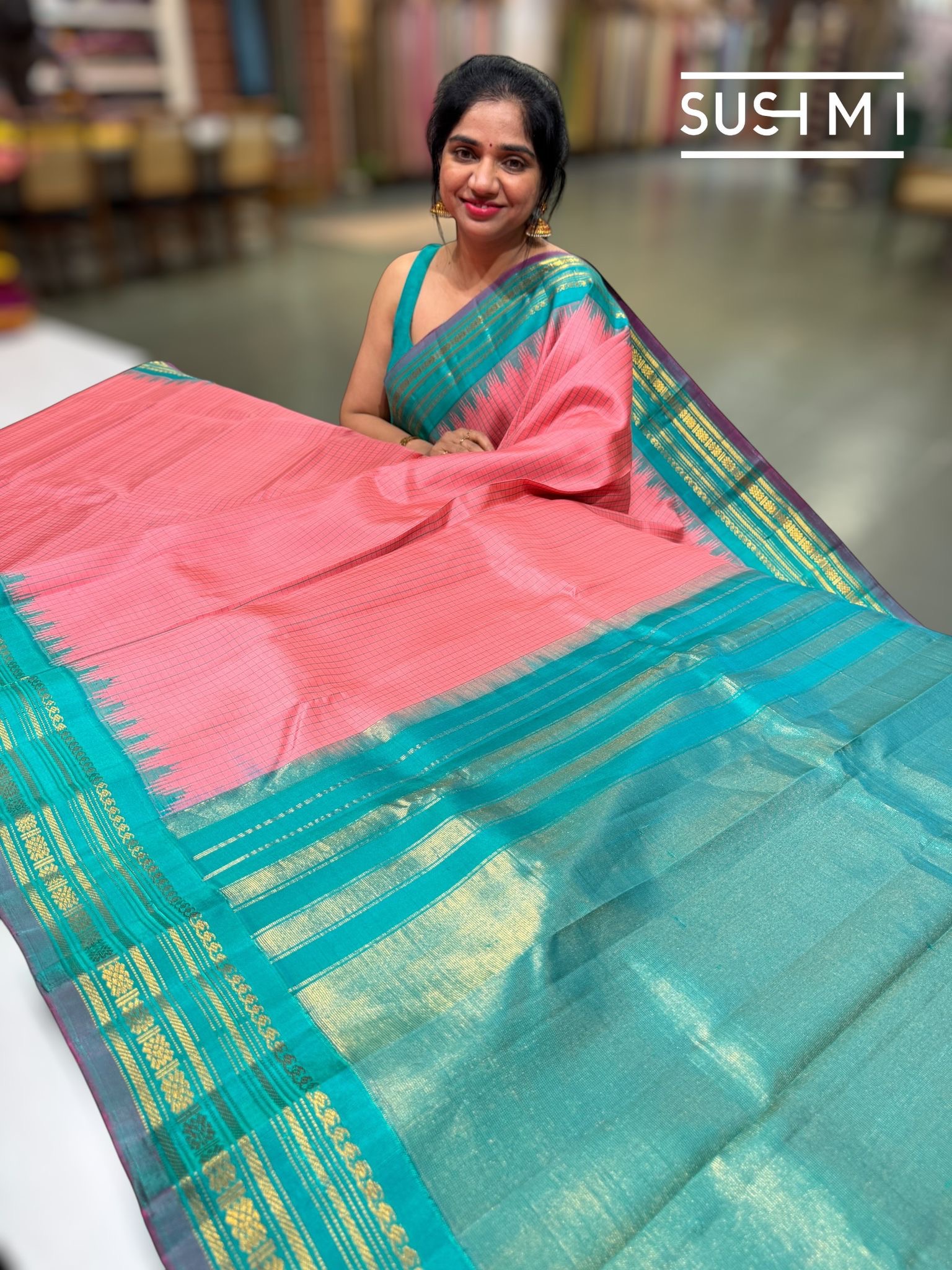 Coral Pink & Teal Pure Handloom Gadwal Silk Saree — Image 2