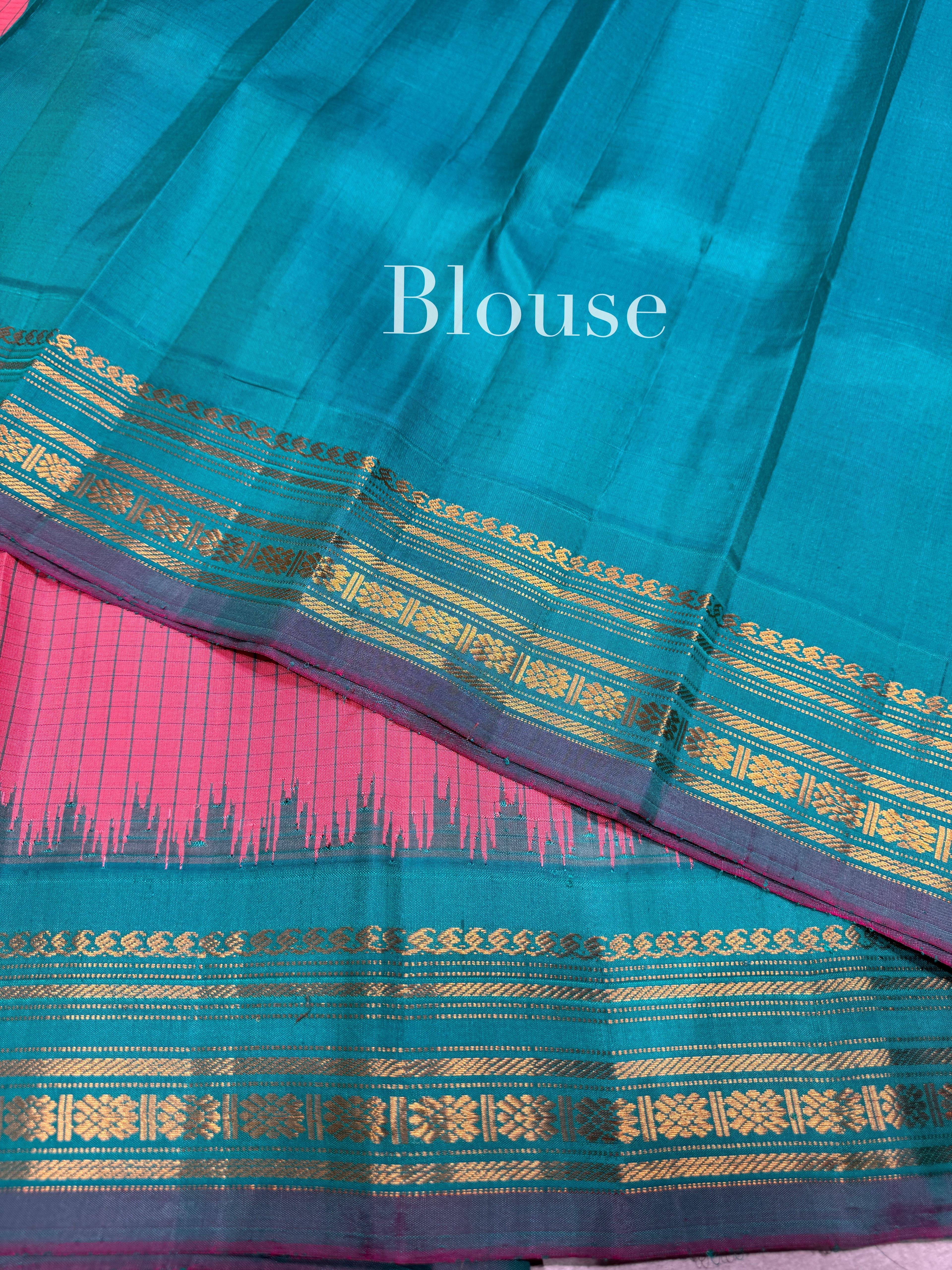 Coral Pink & Teal Pure Handloom Gadwal Silk Saree — Image 5