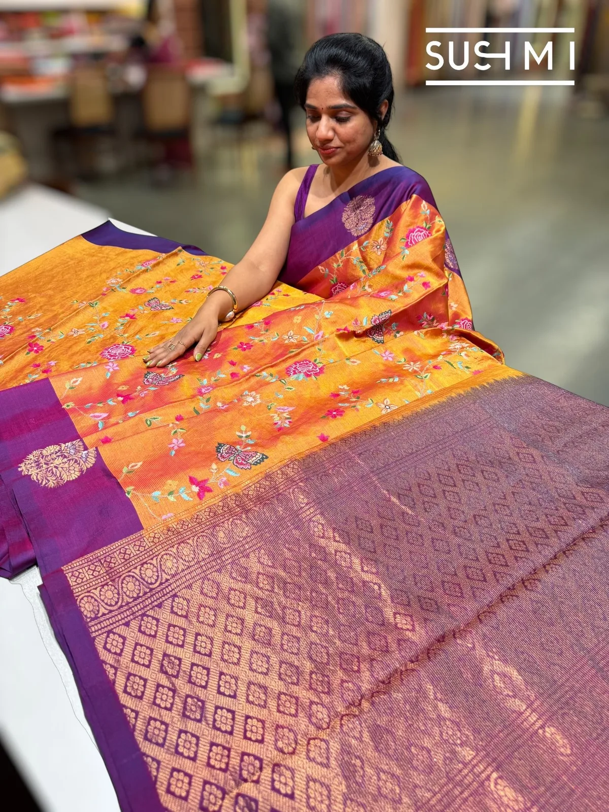 Mustard Kanjeevaram Saree with Petite Point Embroidery — Image 3