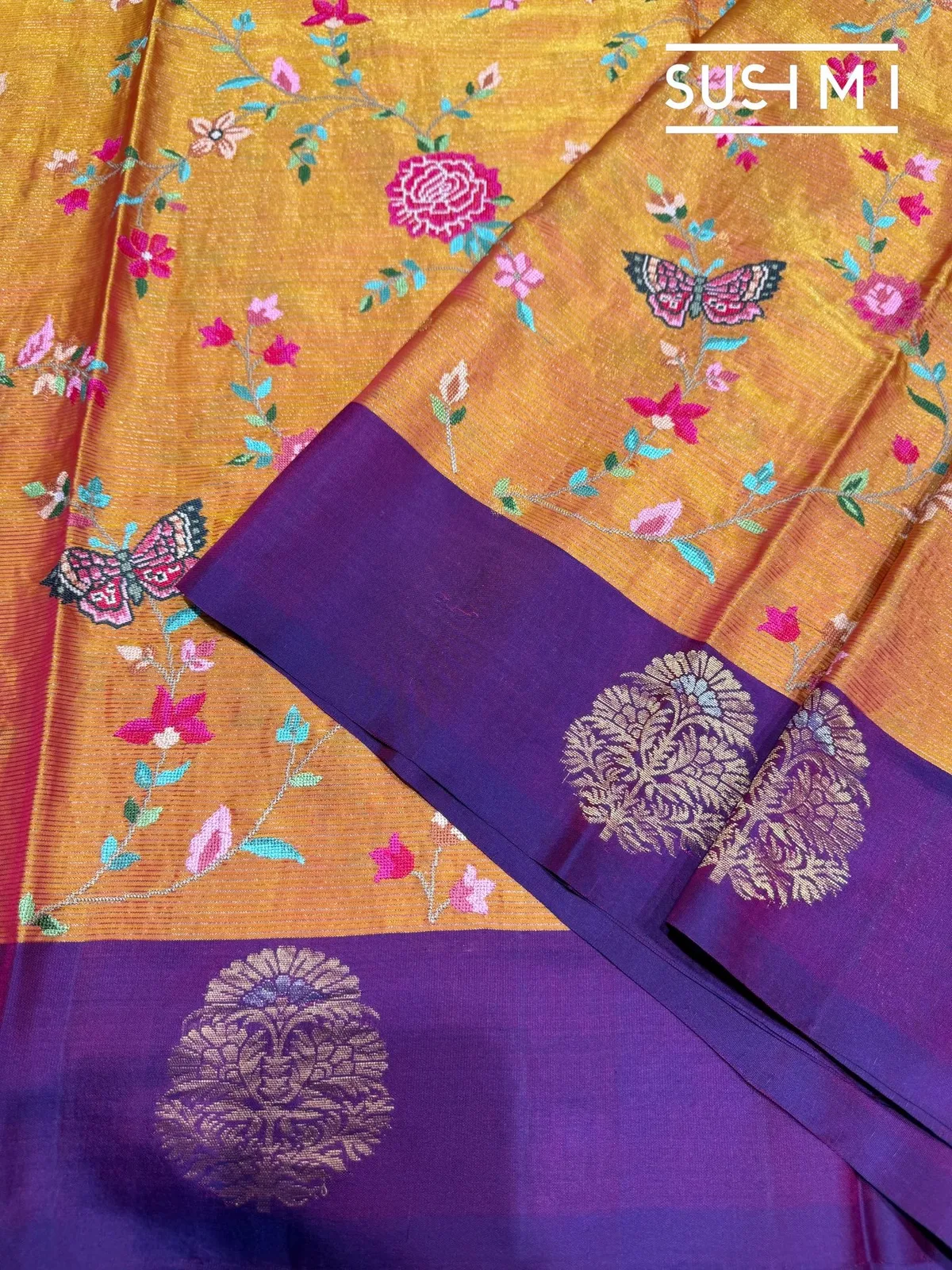 Mustard Kanjeevaram Saree with Petite Point Embroidery — Image 6