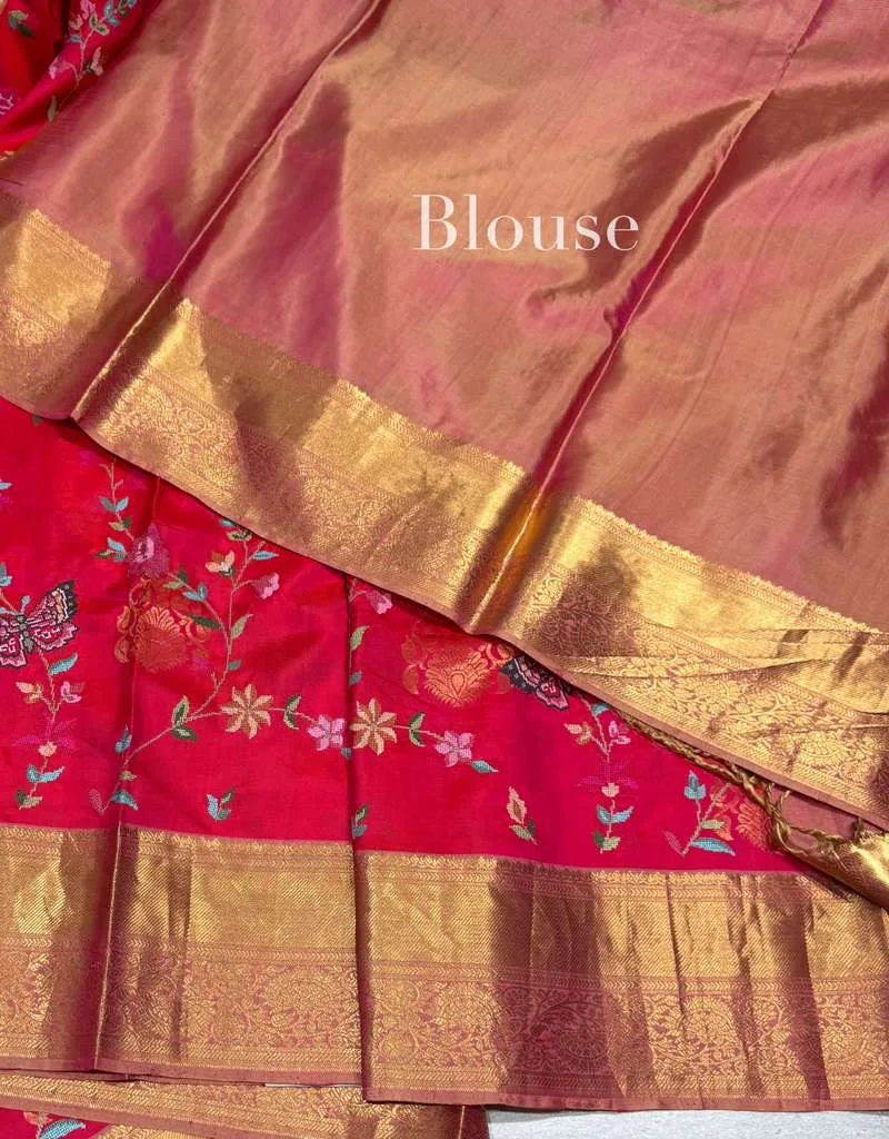 Pinkish Red Kanjeevaram Saree with Petite Point Embroidery — Image 5