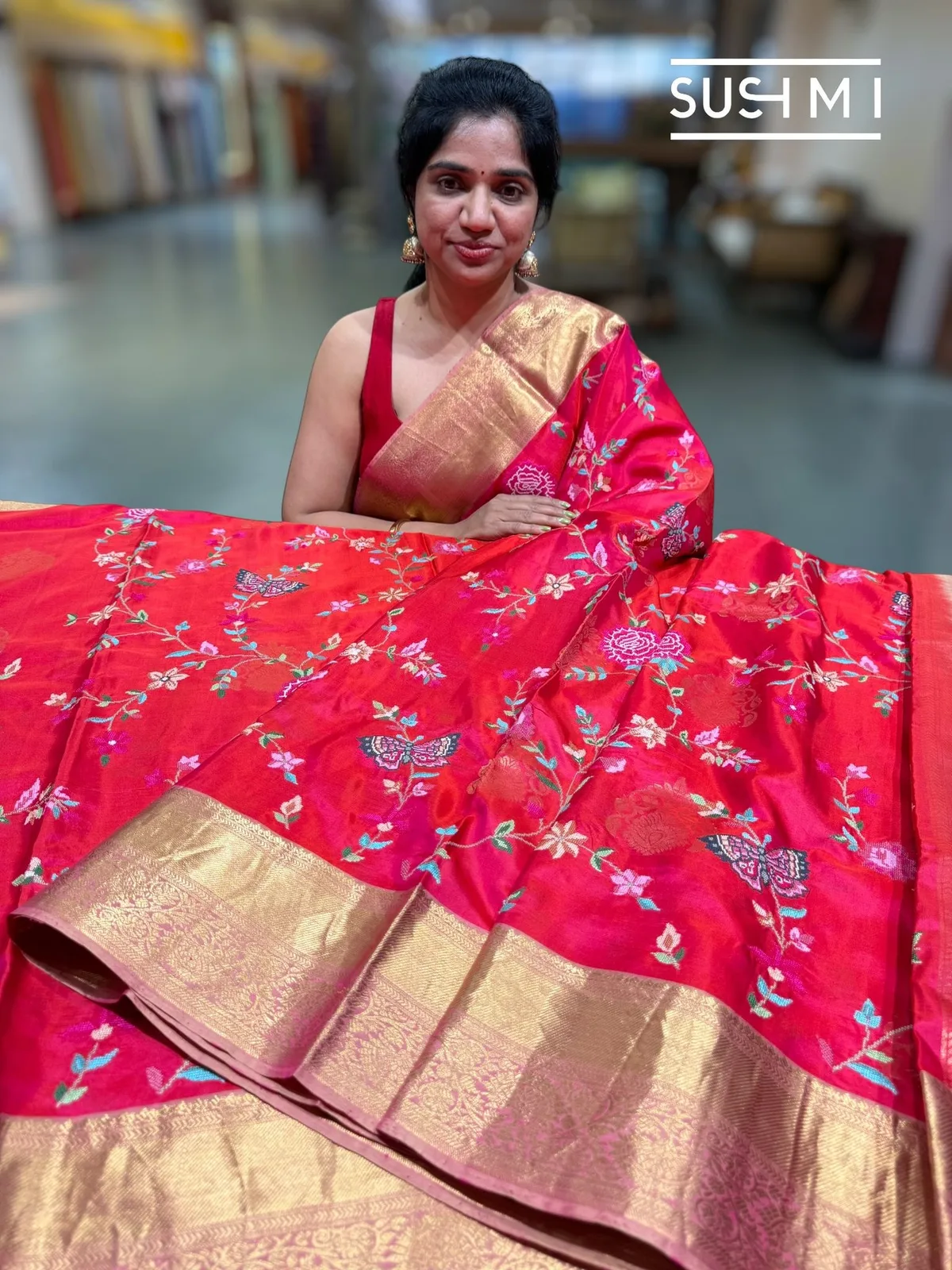 Pinkish Red Kanjeevaram Saree with Petite Point Embroidery