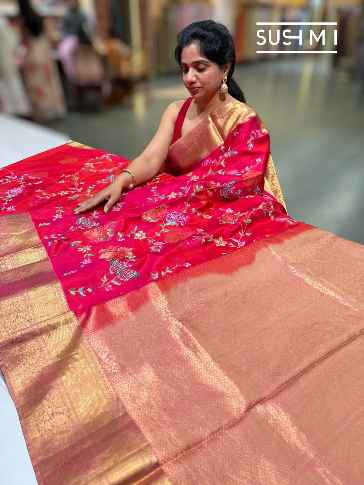 Pinkish Red Kanjeevaram Saree with Petite Point Embroidery — Image 2