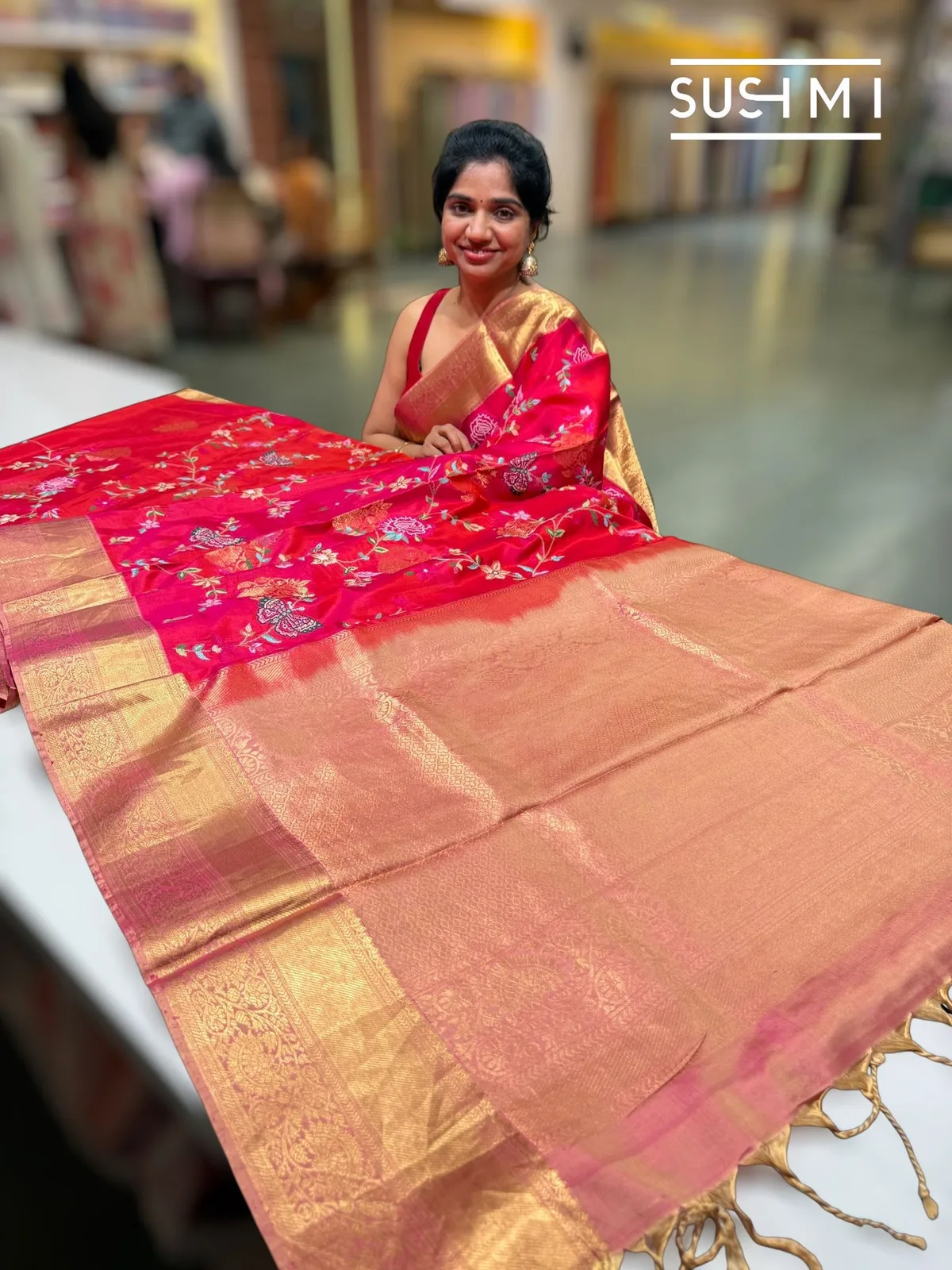 Pinkish Red Kanjeevaram Saree with Petite Point Embroidery — Image 3