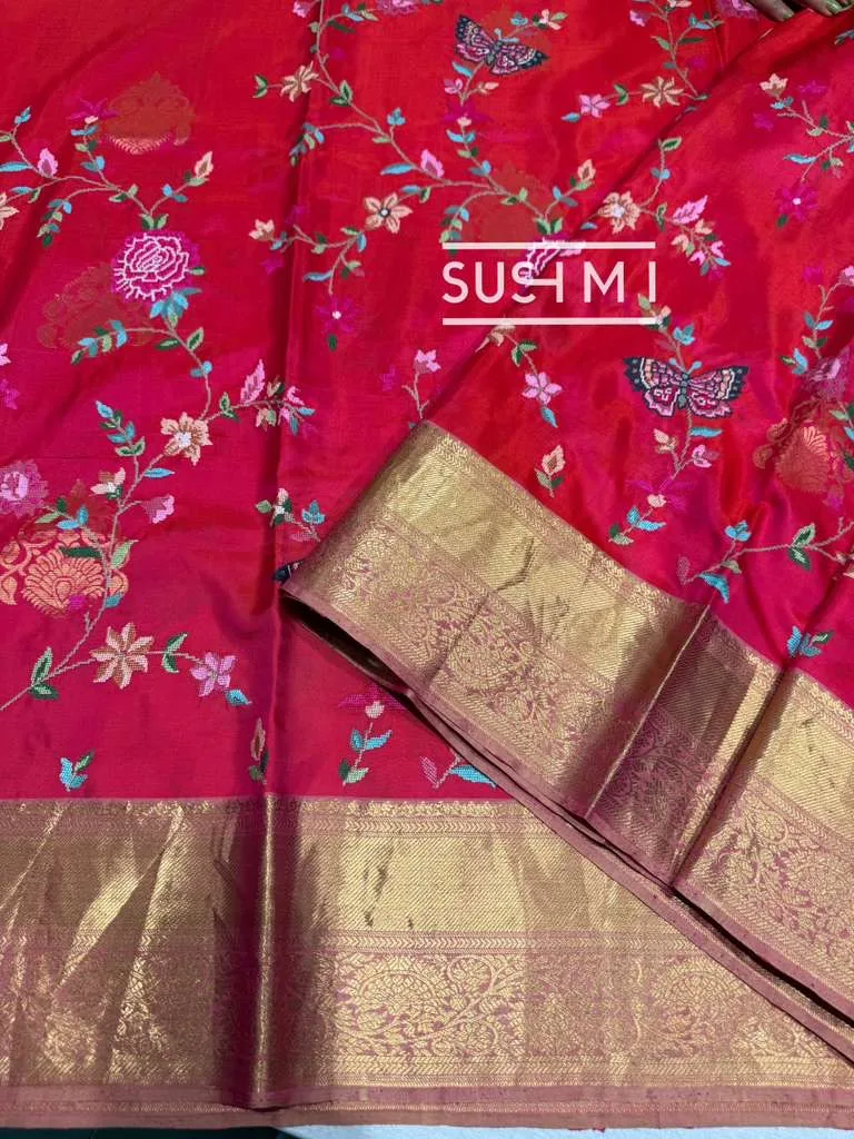 Pinkish Red Kanjeevaram Saree with Petite Point Embroidery — Image 6