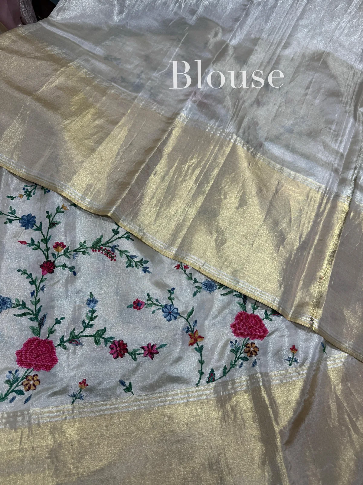 Ivory Tissue Kanjeevaram Saree with Petite Point Embroidery — Image 4