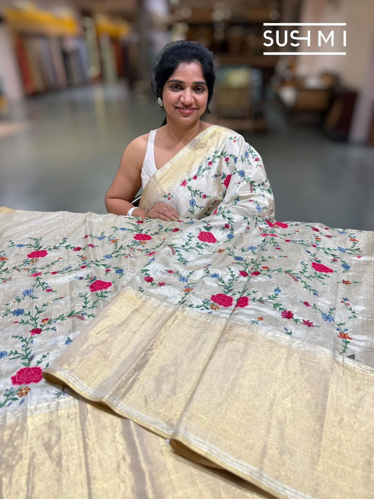 Ivory Tissue Kanjeevaram Saree with Petite Point Embroidery
