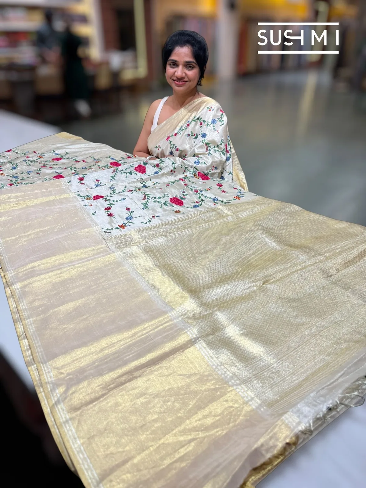 Ivory Tissue Kanjeevaram Saree with Petite Point Embroidery — Image 2