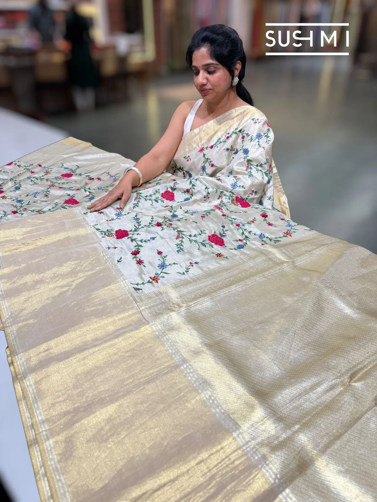 Ivory Tissue Kanjeevaram Saree with Petite Point Embroidery — Image 5