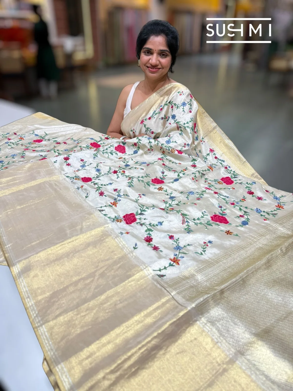 Ivory Tissue Kanjeevaram Saree with Petite Point Embroidery — Image 3