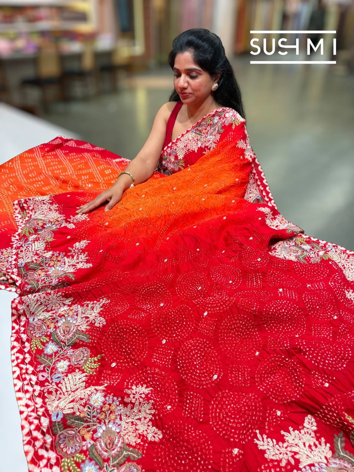 Banarasi Rai Bandhej Saree with Heavy Embroidery — Image 4
