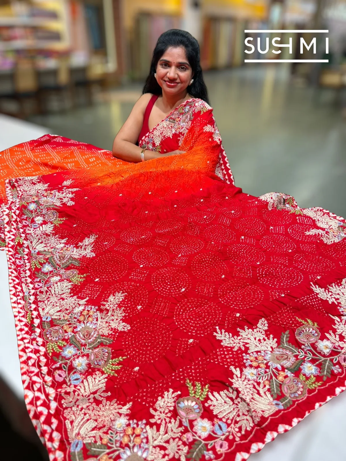 Banarasi Rai Bandhej Saree with Heavy Embroidery — Image 2
