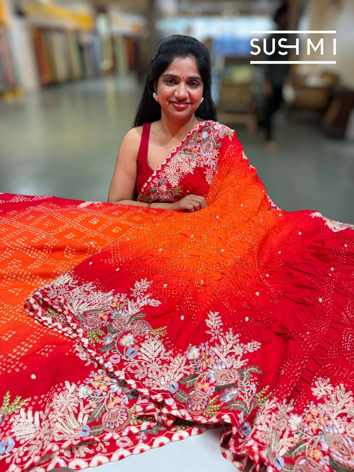 Banarasi Rai Bandhej Saree with Heavy Embroidery