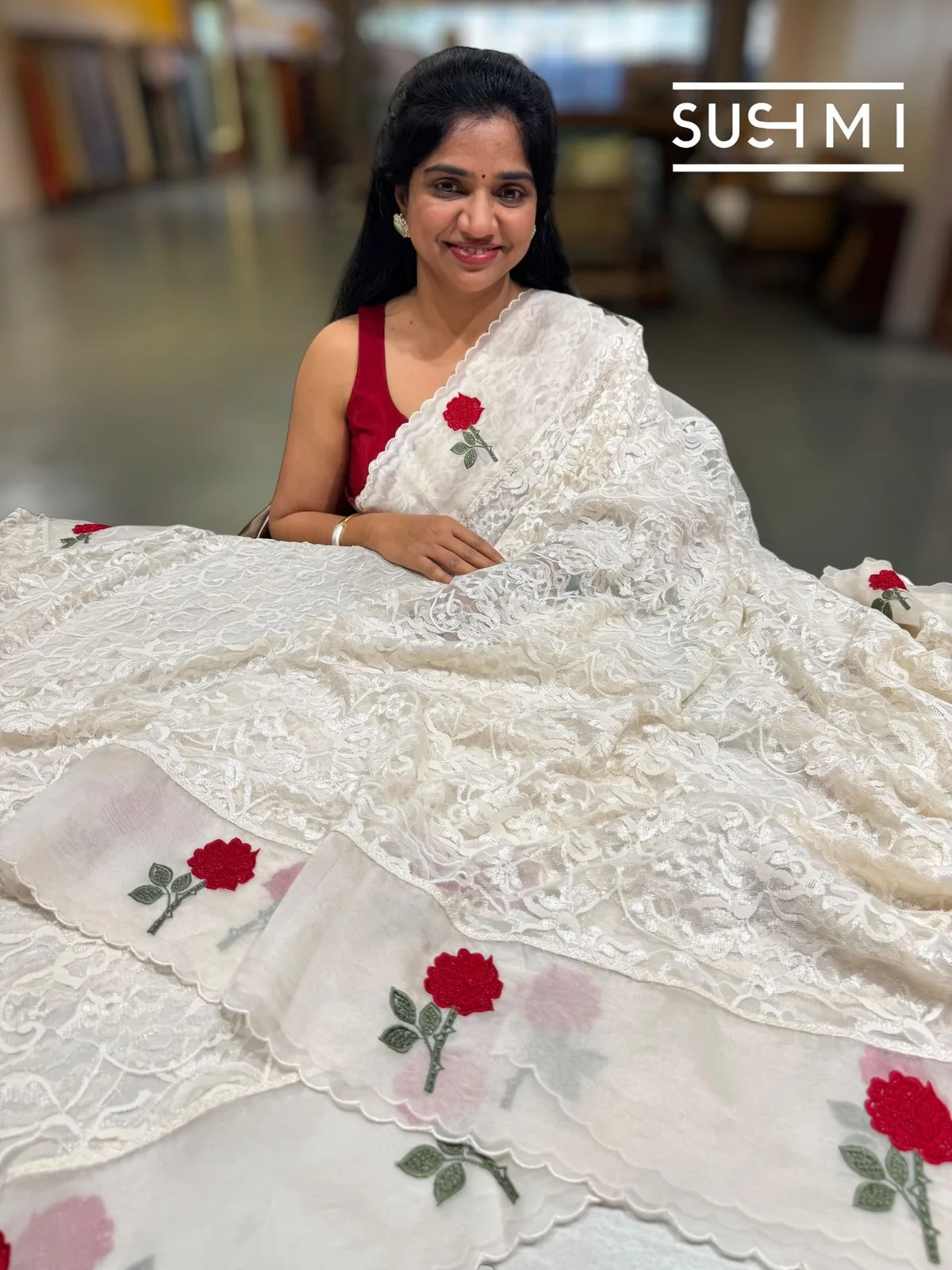 Ivory Chantilly Lace Saree with Embroidered Border