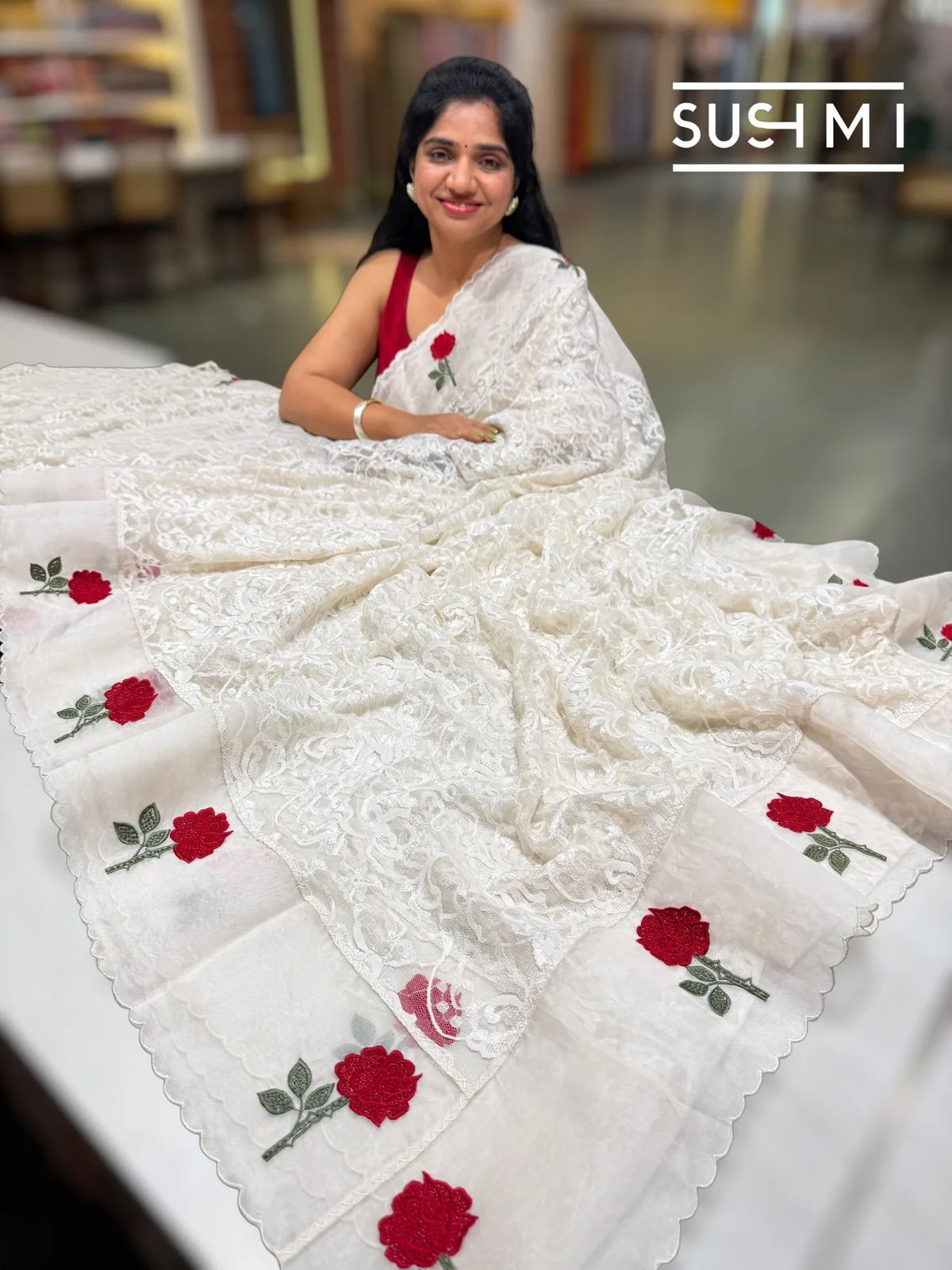 Ivory Chantilly Lace Saree with Embroidered Border — Image 5