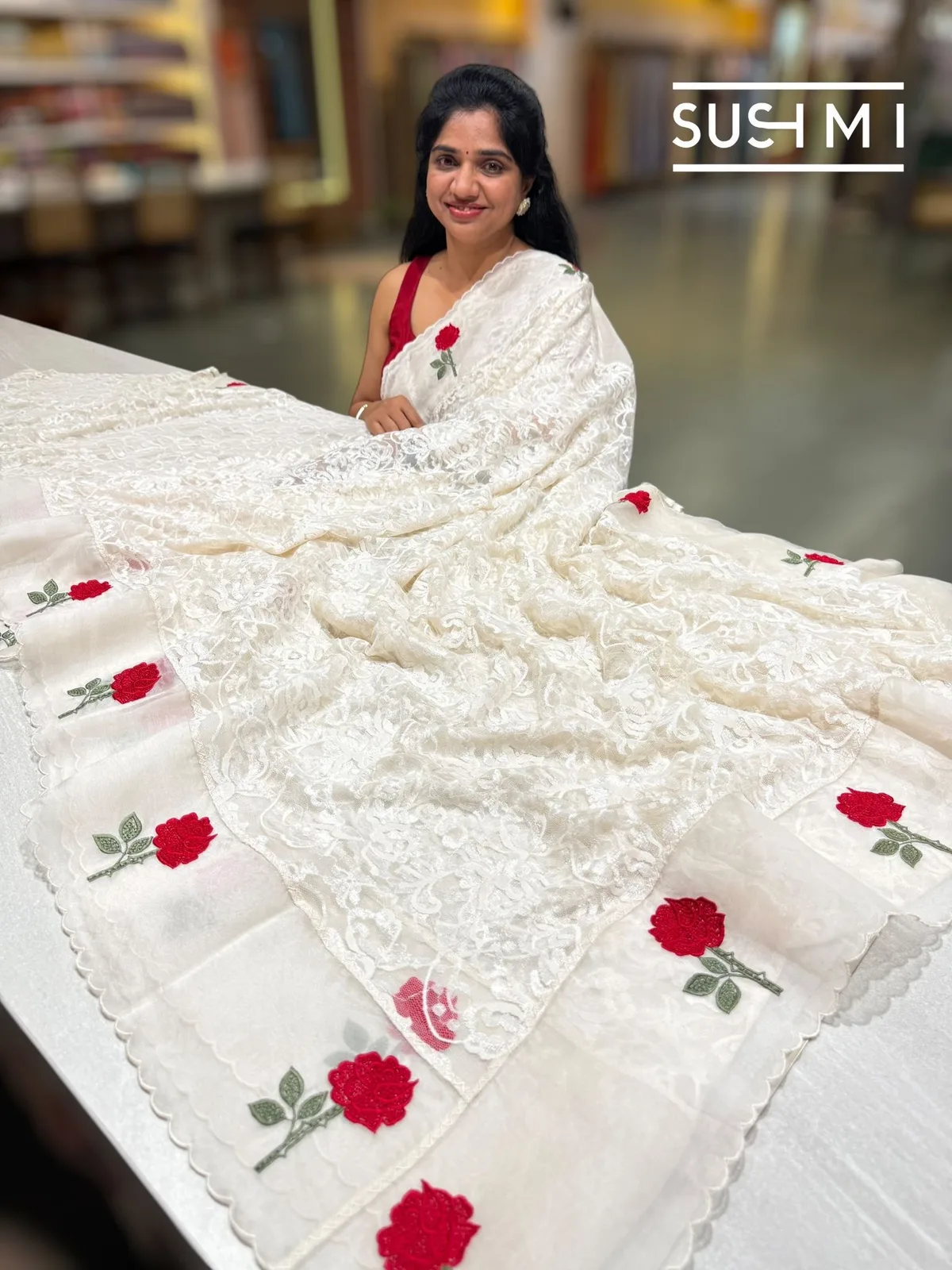 Ivory Chantilly Lace Saree with Embroidered Border — Image 3