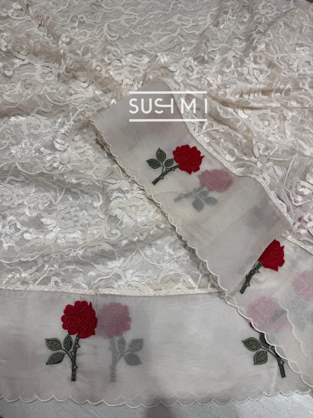 Ivory Chantilly Lace Saree with Embroidered Border — Image 6