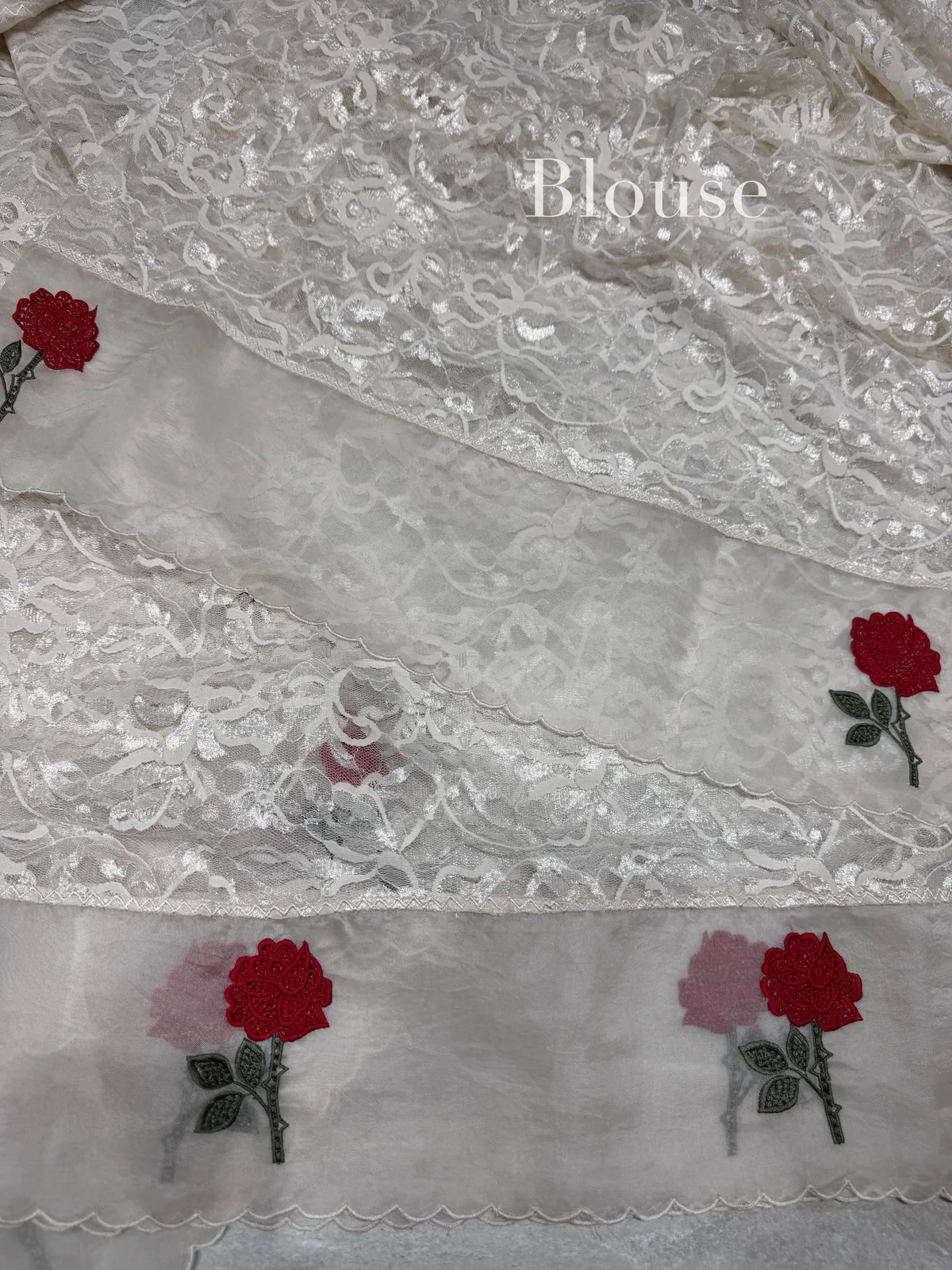 Ivory Chantilly Lace Saree with Embroidered Border — Image 4