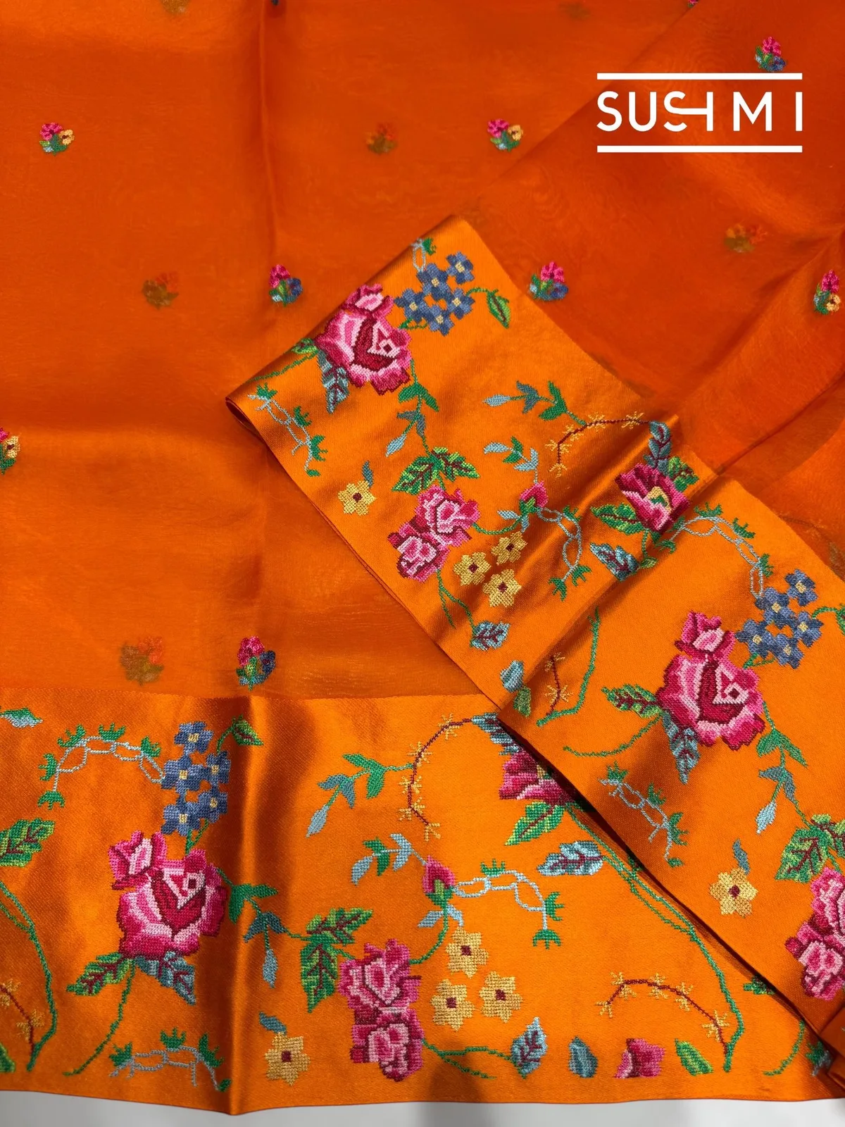 Orange Kora Saree with Petite Point Embroidery — Image 5