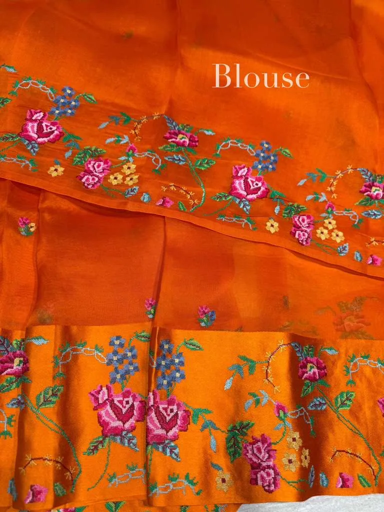 Orange Kora Saree with Petite Point Embroidery — Image 3