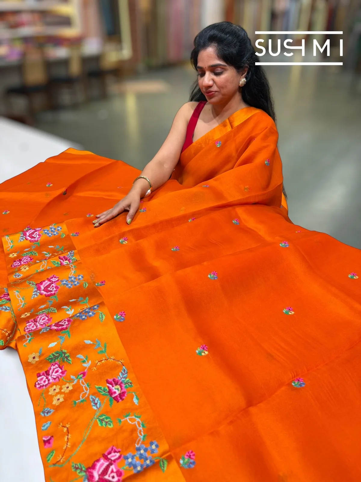 Orange Kora Saree with Petite Point Embroidery — Image 2