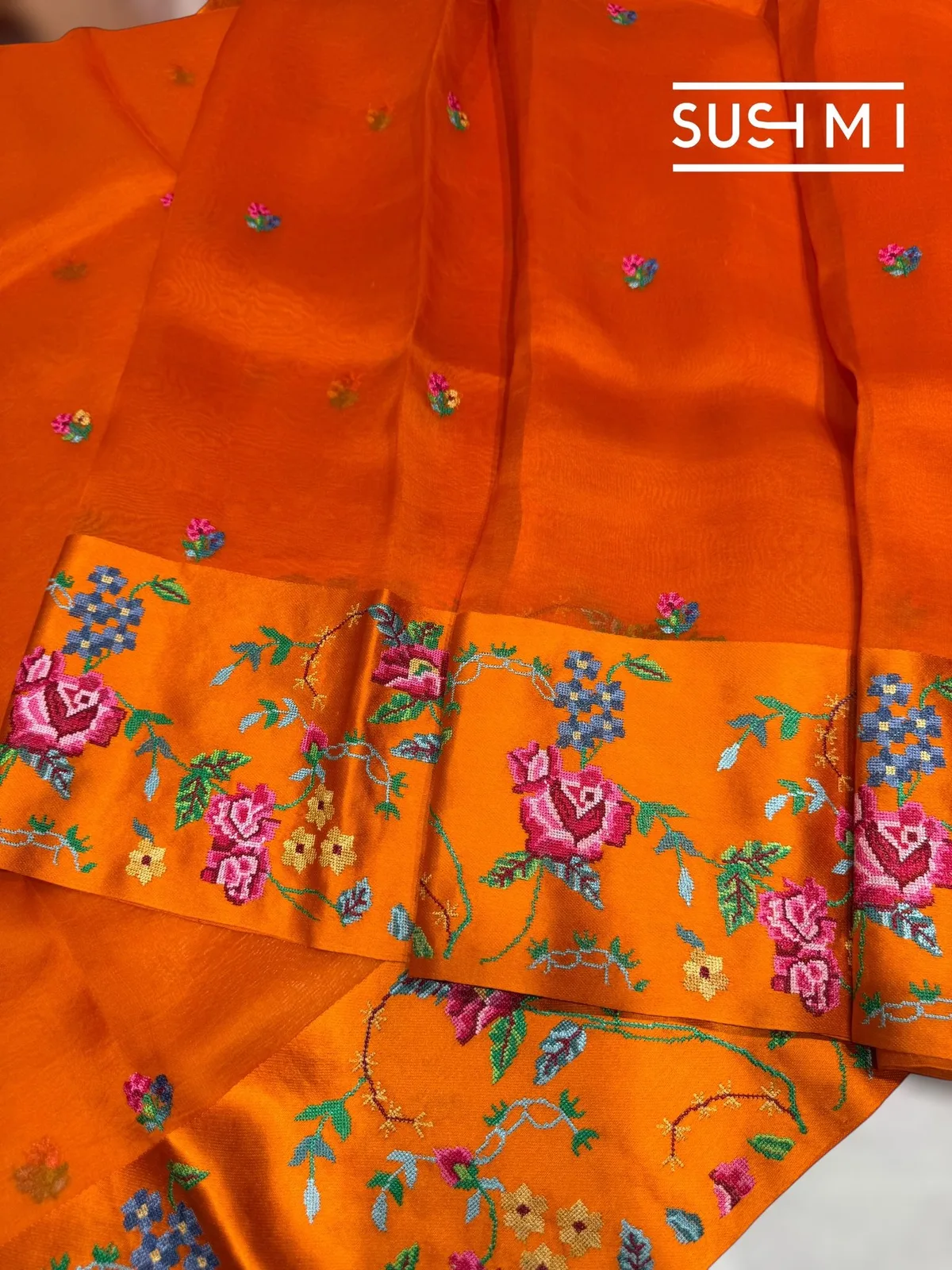Orange Kora Saree with Petite Point Embroidery — Image 4
