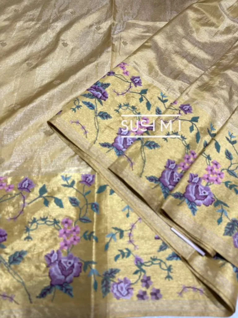 Light Gold Kanjeevaram Tissue with Petite Point Embroidery — Image 3