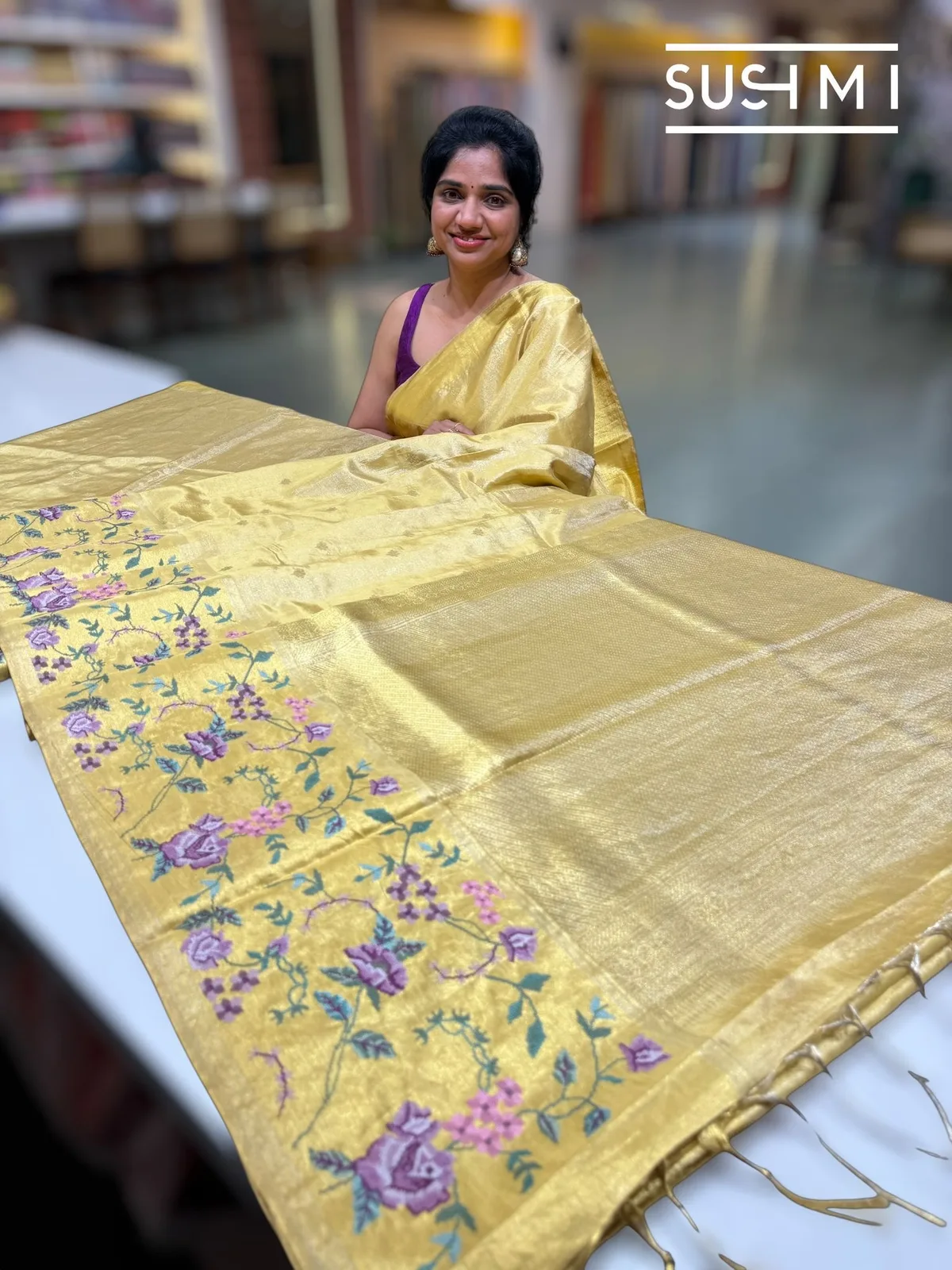 Light Gold Kanjeevaram Tissue with Petite Point Embroidery