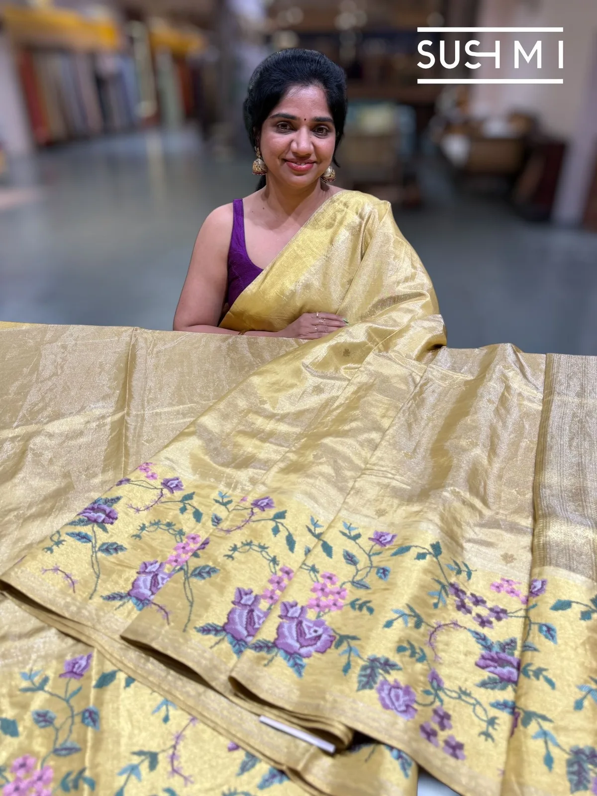 Light Gold Kanjeevaram Tissue with Petite Point Embroidery — Image 5