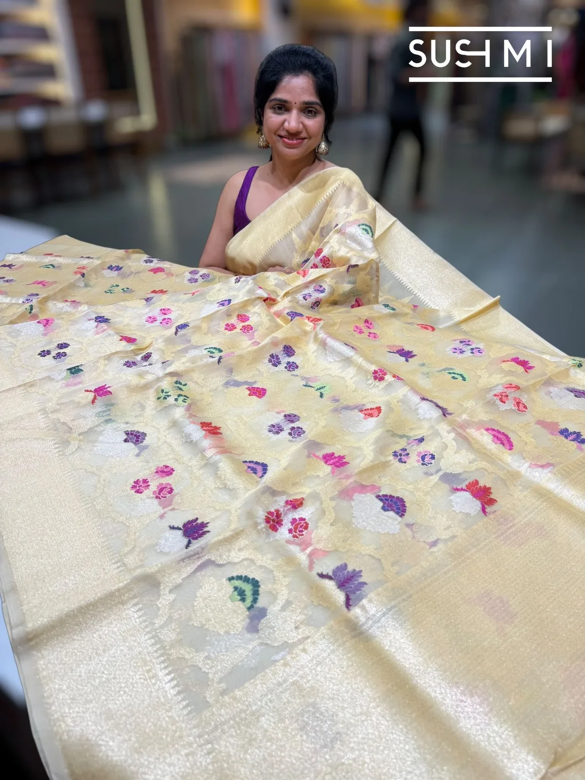 Beige Real Zari Kora Jamdani Weaving Saree — Image 1