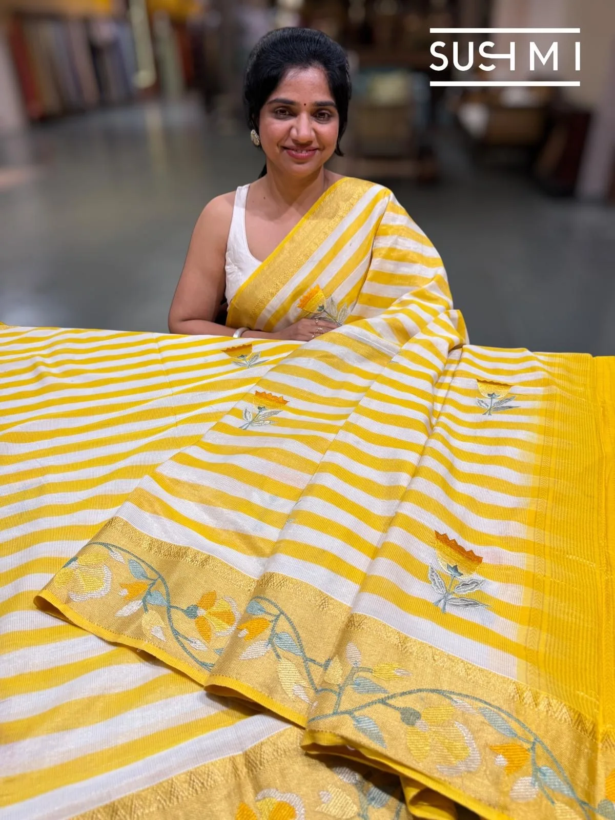 Chanderi Tissue Stripe Saree with Embroidery — Image 3