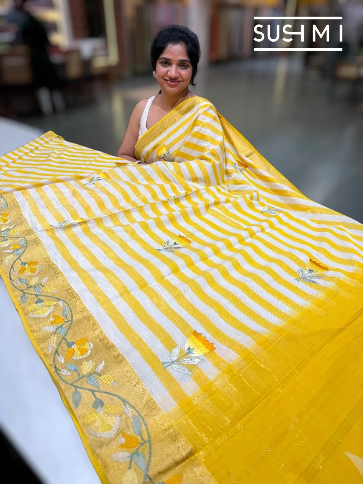 Chanderi Tissue Stripe Saree with Embroidery — Image 7