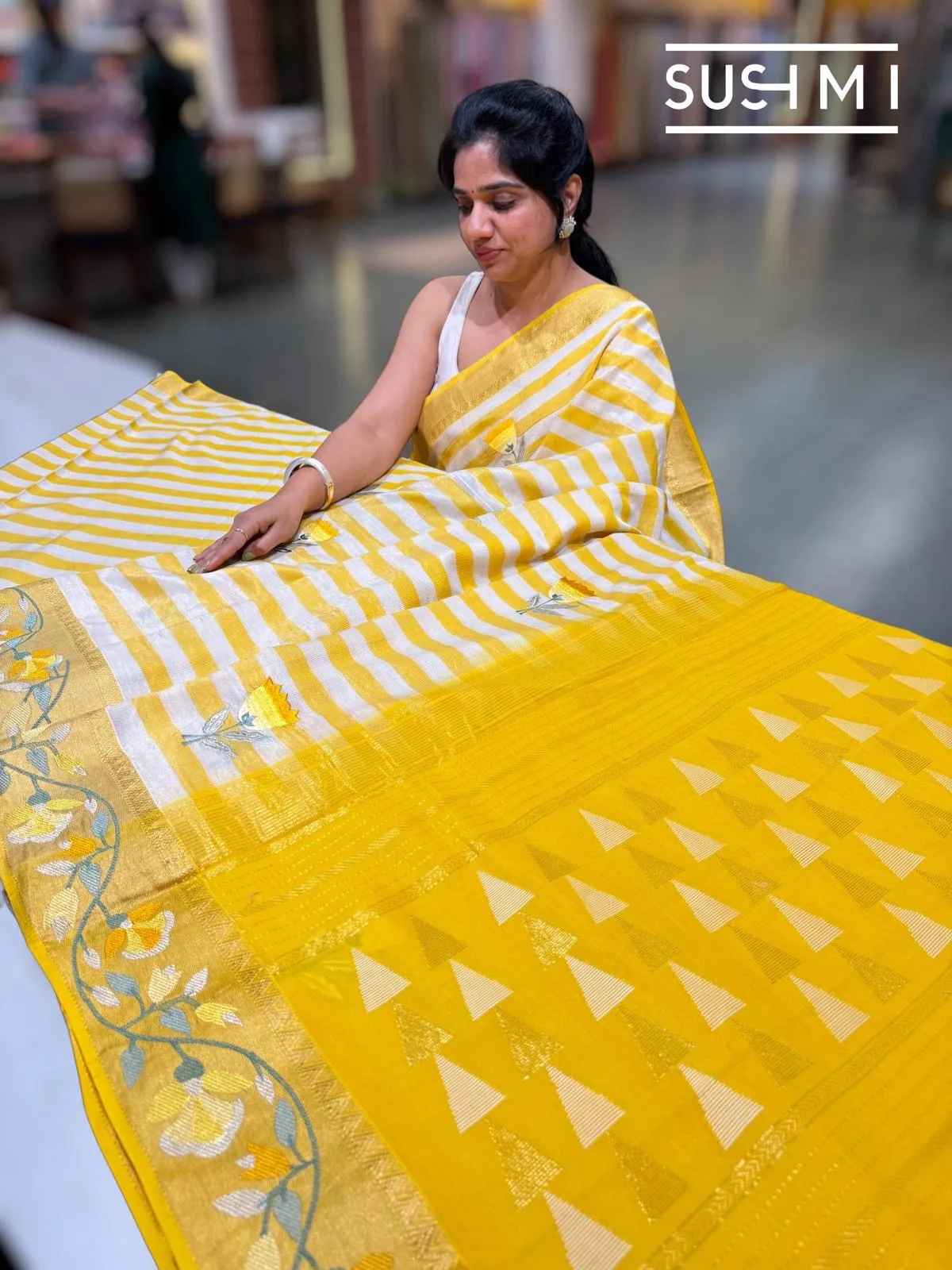Chanderi Tissue Stripe Saree with Embroidery — Image 4
